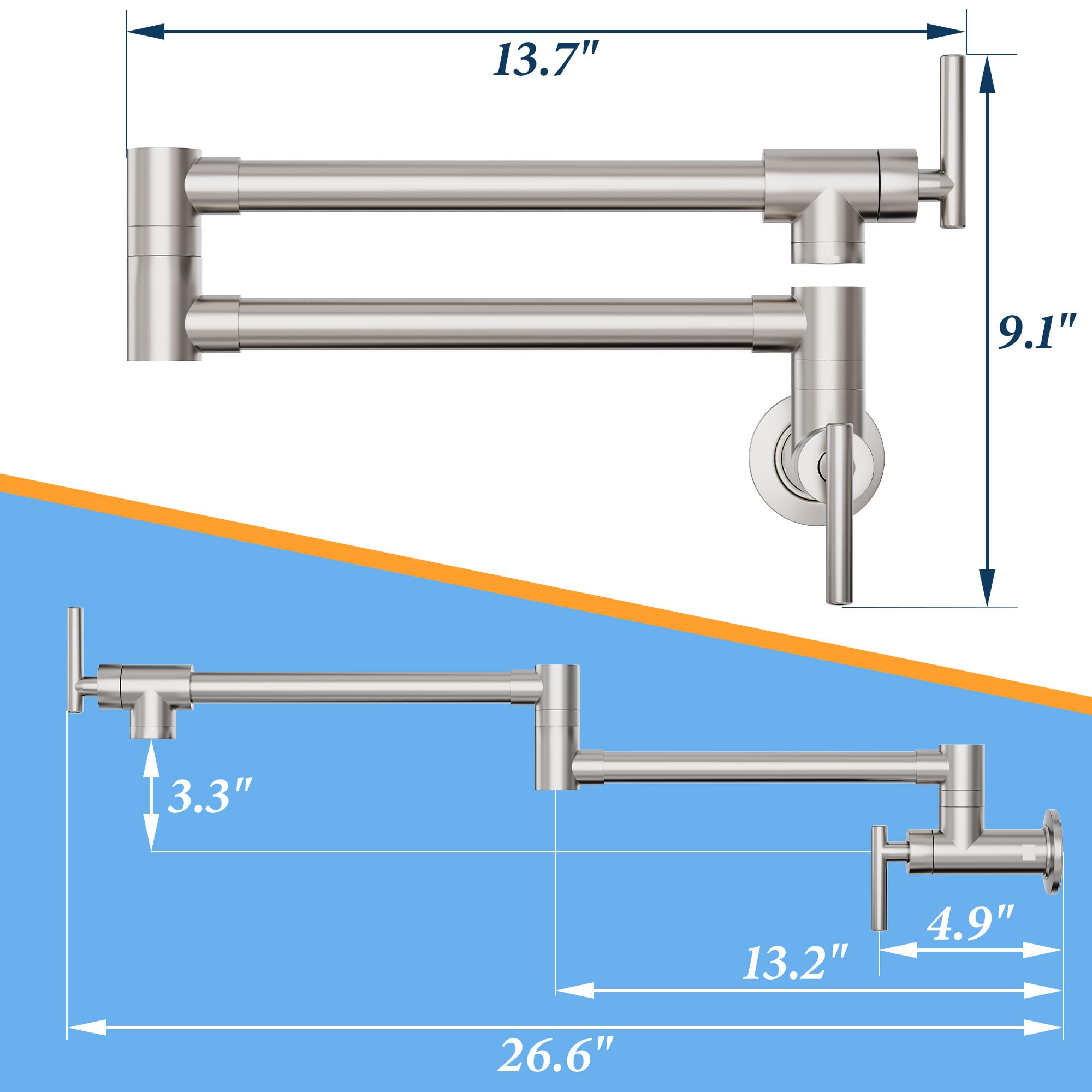 Commercial Brushed Nickel Wall Mount Pot Filler Faucet - Lead-Free Stove Faucet for Kitchen, Perfect for Cooking, Filling Pots & Pans