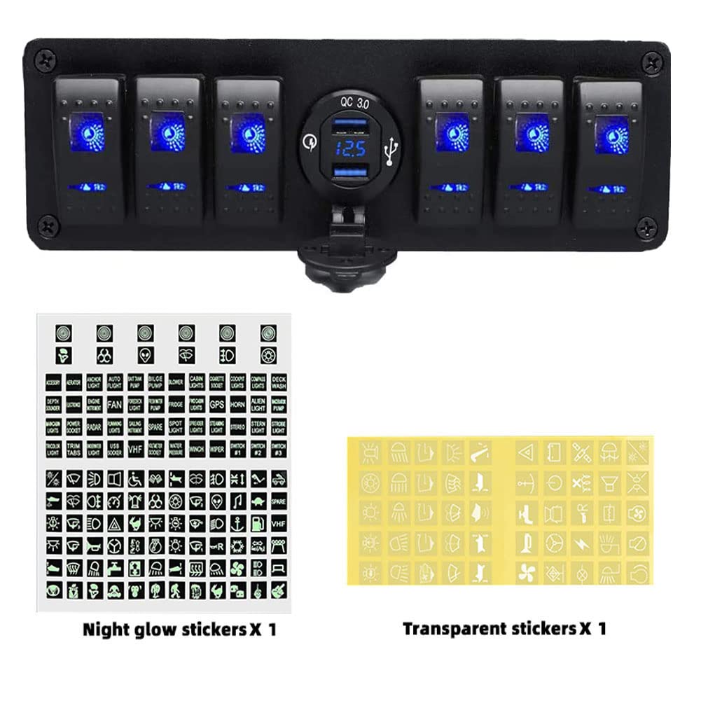 12V-24V DC Marine Switch Panel with Dual USB Quick Charger & Voltmeter - Waterproof Boat Rocker Switch Panel with Night Glow Stickers for RV, Boats, Cars & Trucks | Perfect for Marine Electrical Systems, Off-Road Vehicles & Emergency Power Control