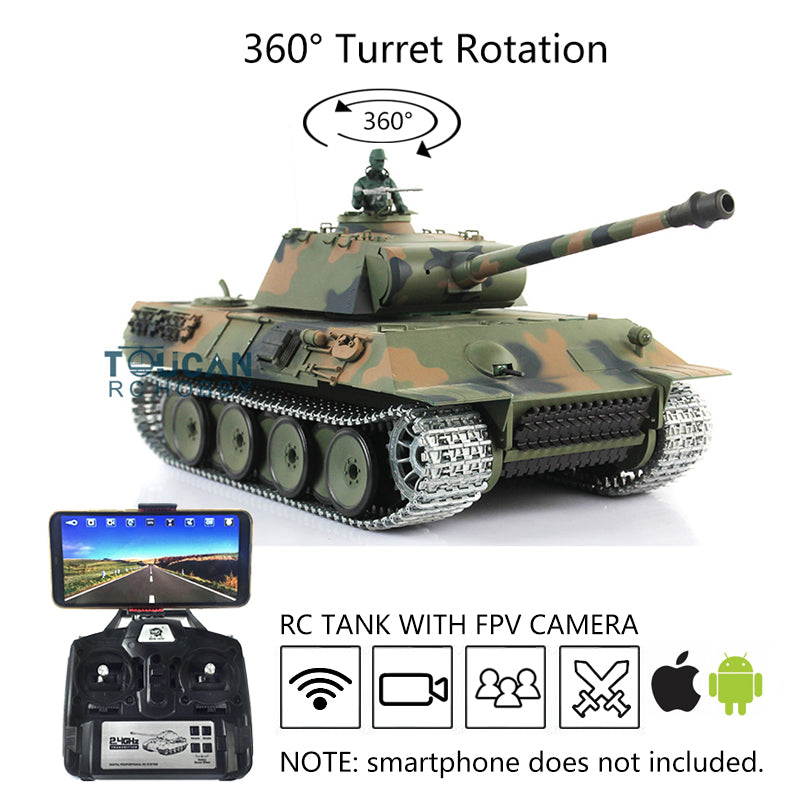 1/16 Henglong Upgraded German Panther RTR RC Tank 3819 - 7.0 Version with FPV Camera, 360° Rotating Turret, Steel Gearbox & Metal Tracks | Realistic Engine Sound | Military Model Collection & Battle Simulation