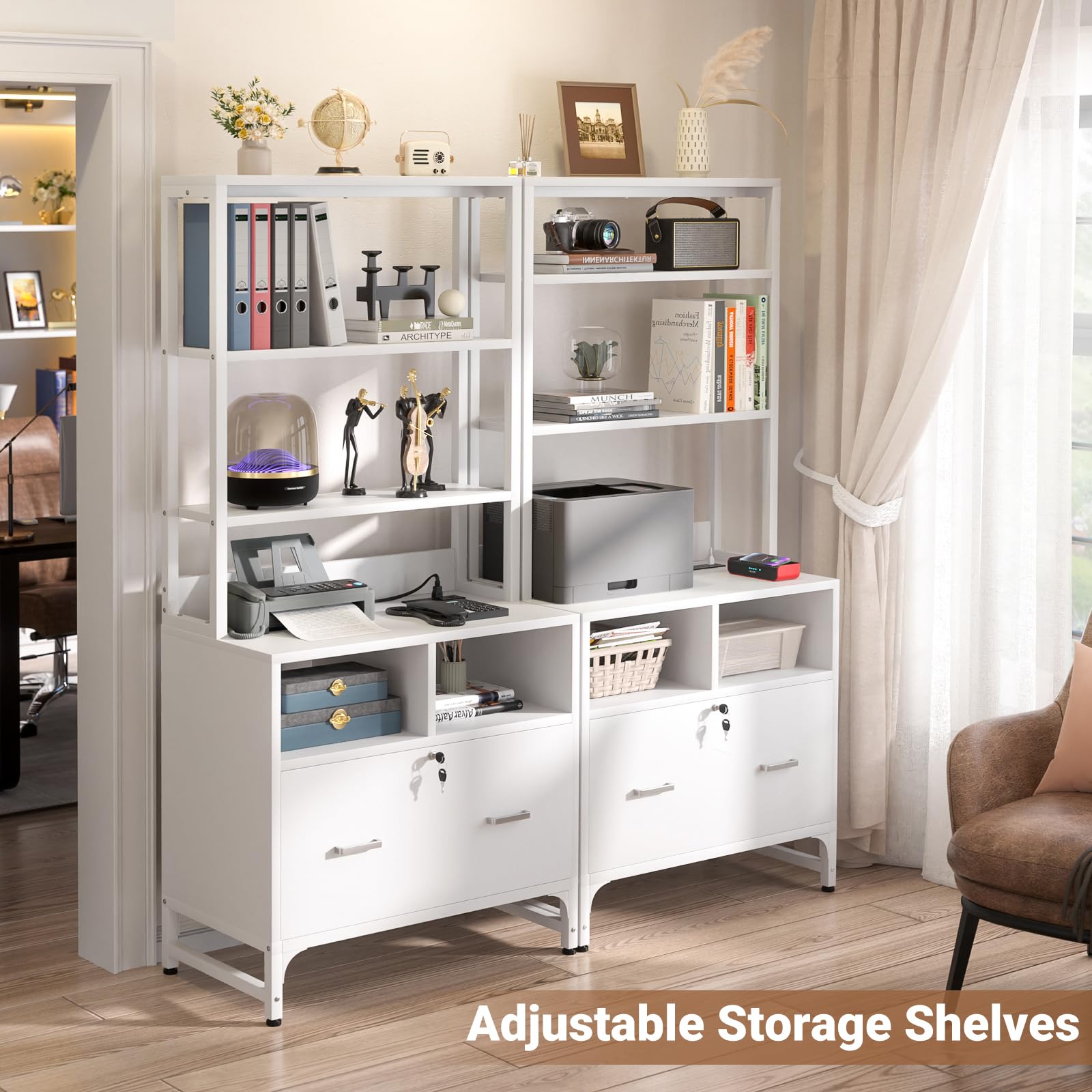Homieasy File Cabinet with USB Charging Station - Lockable Vertical Filing Cabinet with Large Drawer & Storage Shelves - Office Printer Stand Organizer for Letter/A4/Legal Size Documents - Perfect for Home Office Organization & Workspace Storage (White)