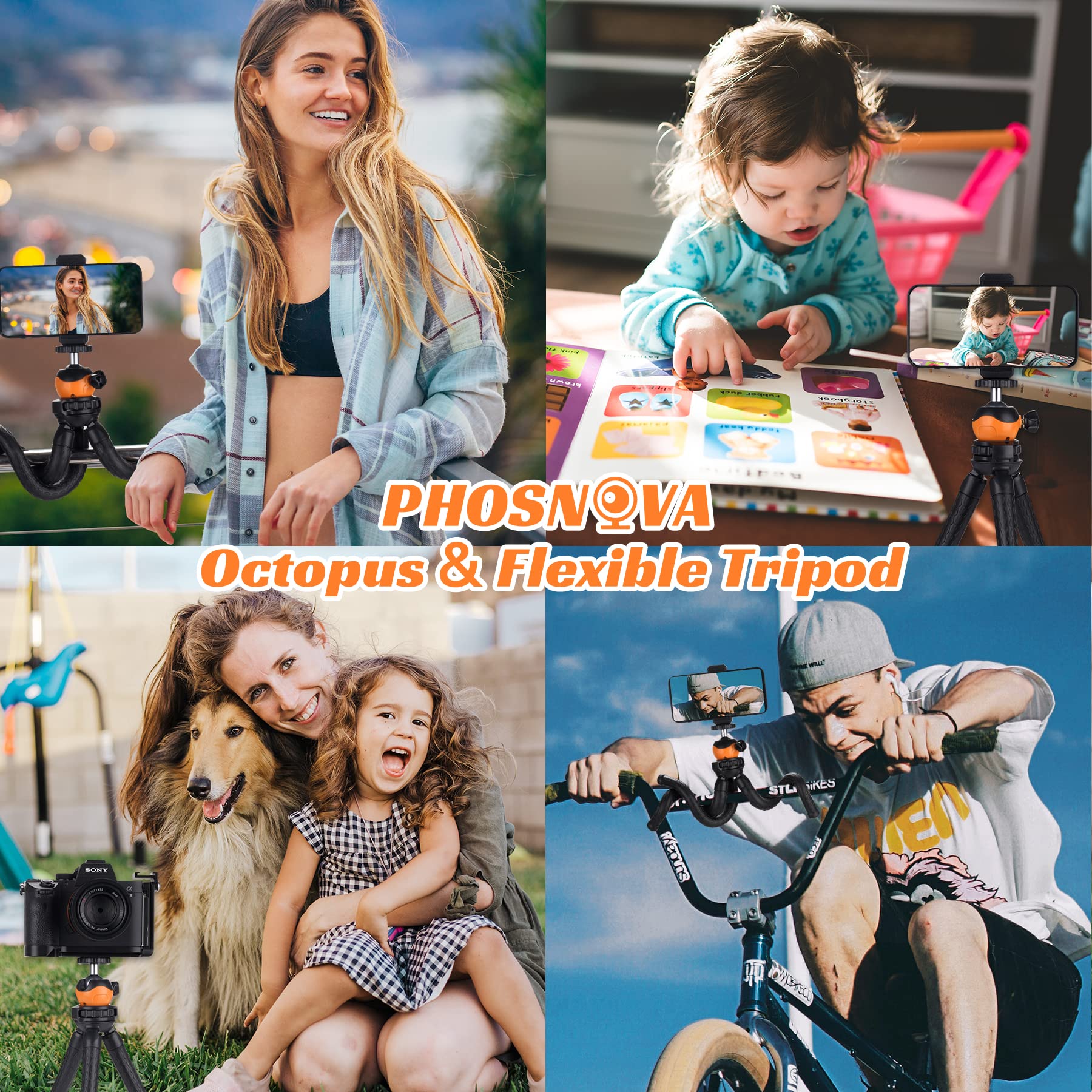 Portable Flexible Cell Phone Tripod Stand with Wireless Remote - 360° Adjustable Mini Tripod for iPhone, Android, GoPro, iPad & DSLR Cameras - Perfect for Vlogging, Live Streaming & Photography (Orange)