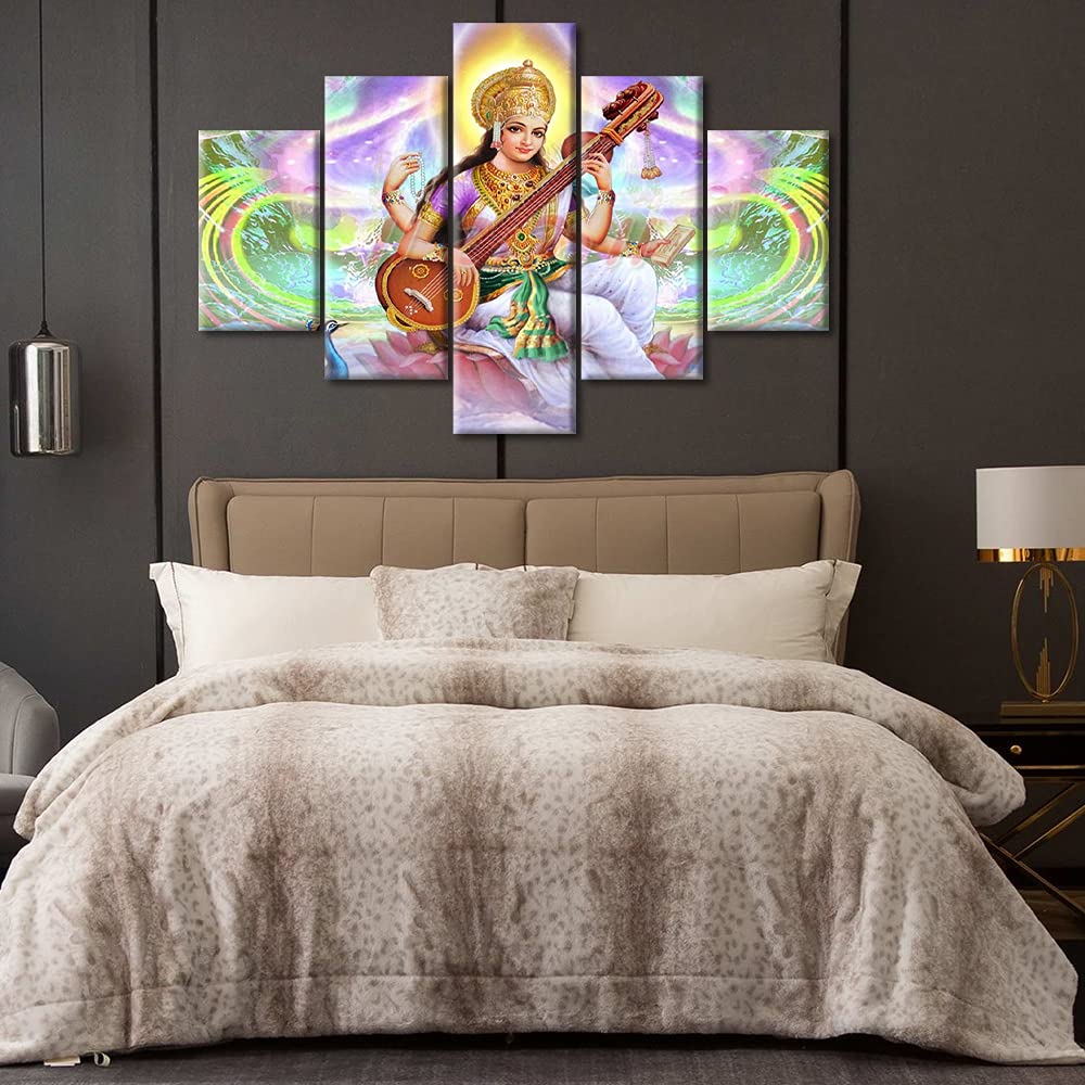 TUMOVO 5-Piece Hindu Goddess Saraswati Canvas Wall Art Set - Framed Modern Indian Home Decor for Living Room & Bedroom - Ready to Hang (60