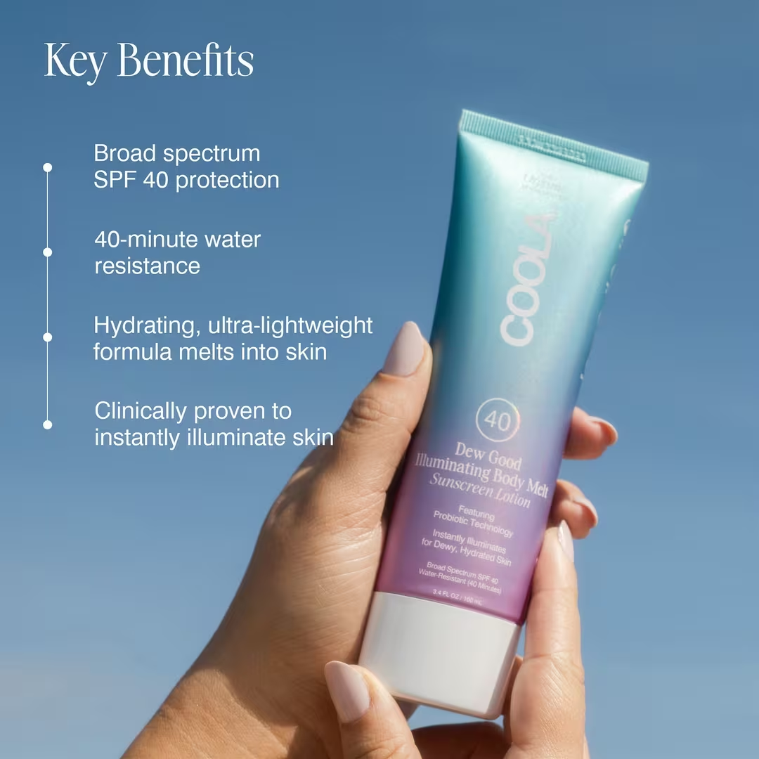 COOLA Dew Good Illuminating Body Melt Lotion SPF 40 - Hydrating Sunscreen with Vitamin C & Antioxidants for Glowing Skin | Perfect for Beach Days, Outdoor Activities & Daily Sun Protection
