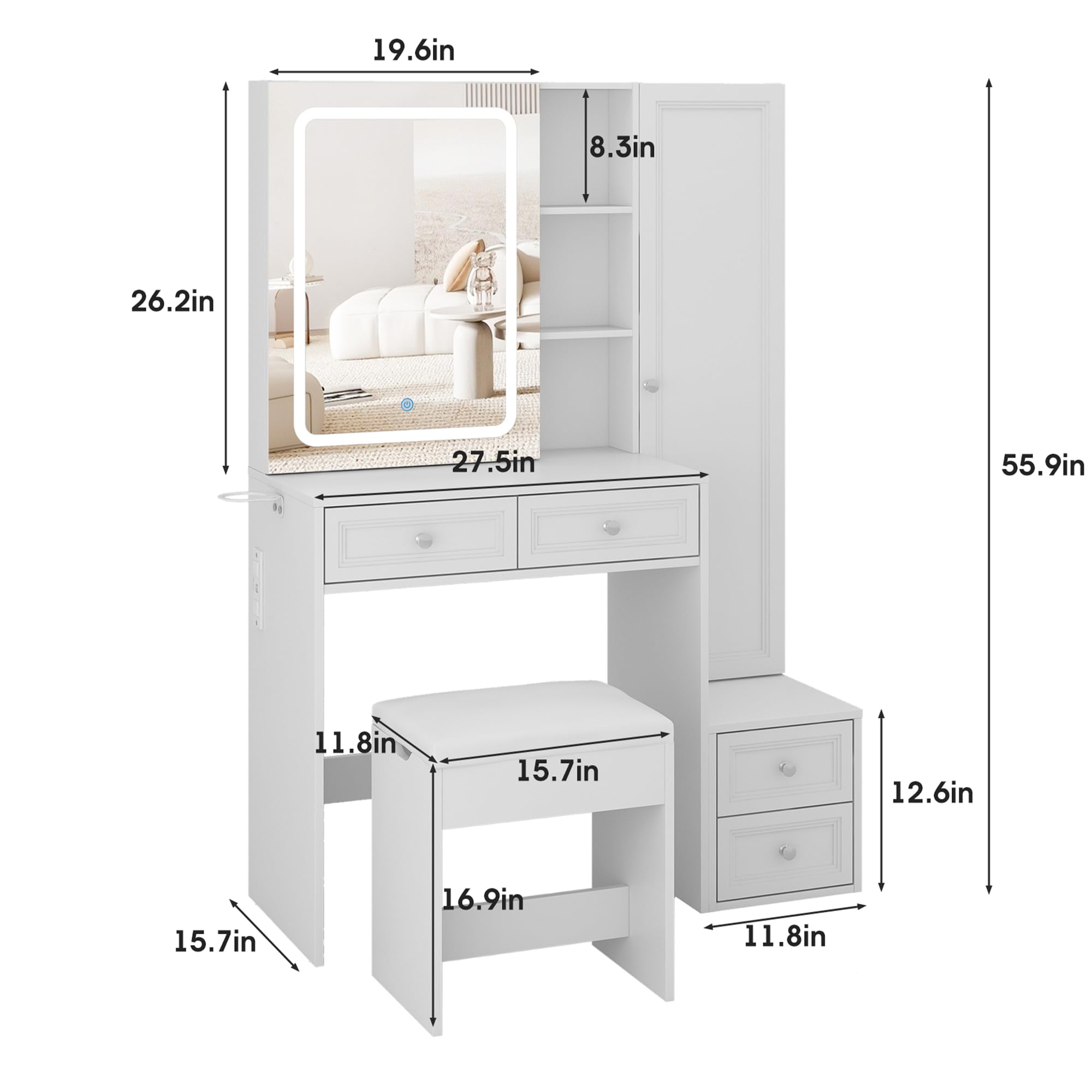 LED Makeup Vanity Desk with Sliding Mirror & Jewelry Cabinet - Adjustable Brightness Dressing Table with 4 Drawers, Charging Station & Storage Shelves - Includes Cushioned Stool Set for Bedroom, Salon & Home Beauty Station