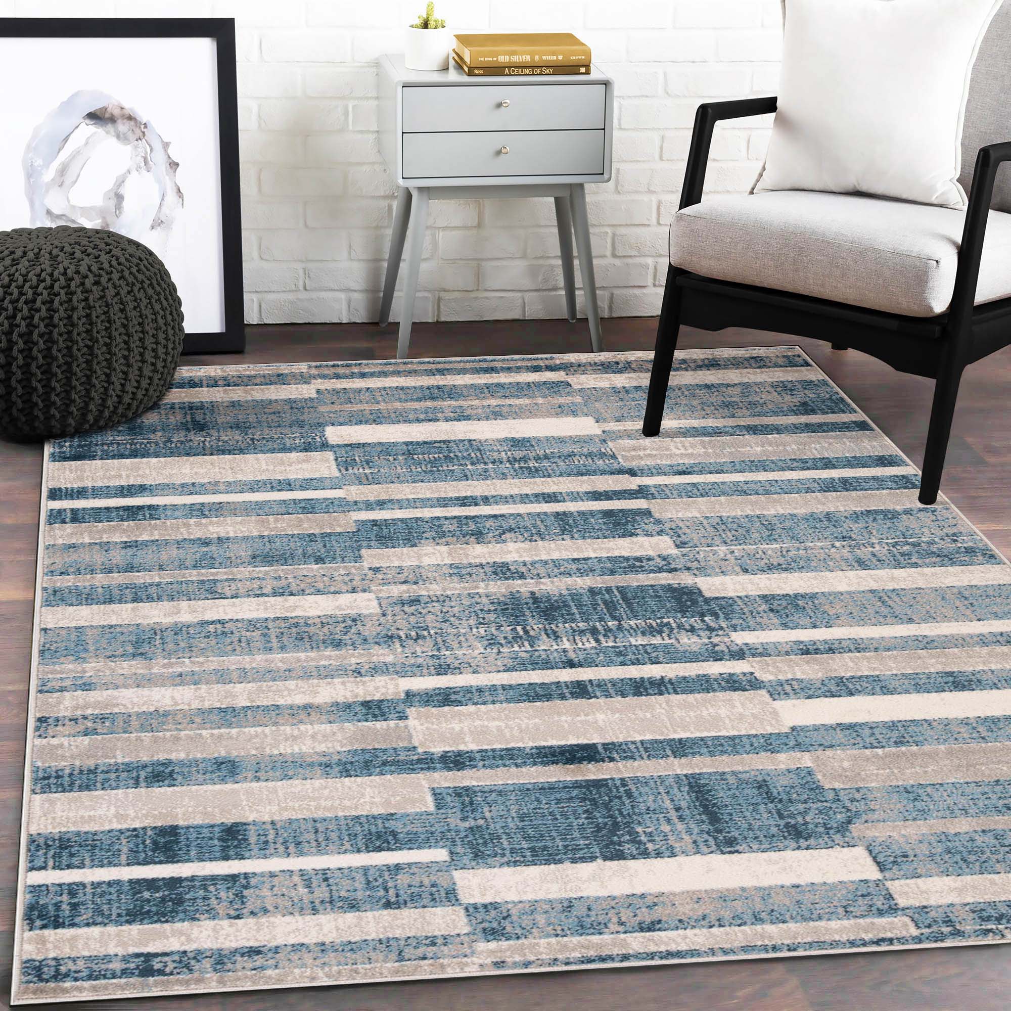 Radko Modern Striped Indoor Area Rug or Runner - Soft Non-Slip Living Room Carpet - Perfect for Bedroom, Hallway & Home Decor