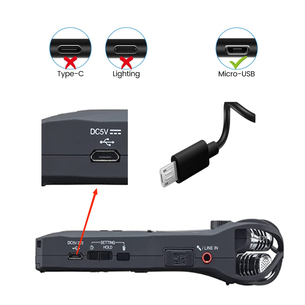 5ft USB Charging Cable for Zoom H1n/Q2n/H8/F1, Tascam DR-05X/DR-40X/DR-07X, LiveTrak L-8 - Compatible with Portable Digital Audio Recorders - Perfect for Field Recording, Podcasting & Music Production