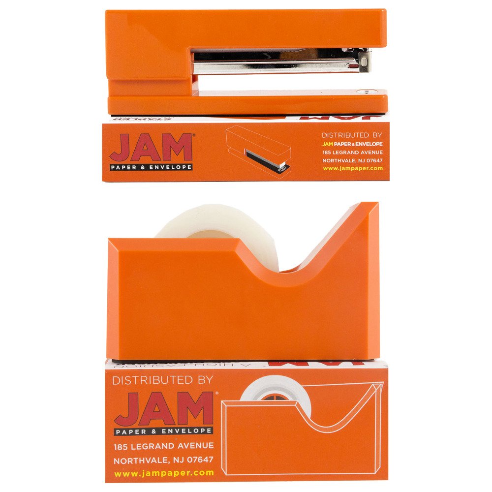 JAM PAPER Complete Desk Kit - Orange Office Supplies Set with Stapler, Tape Dispenser, Journal, Pens, Rubber Bands, Paper Clips & Binder Clips - 7 Piece Pack for Home Office, School & Work Organization