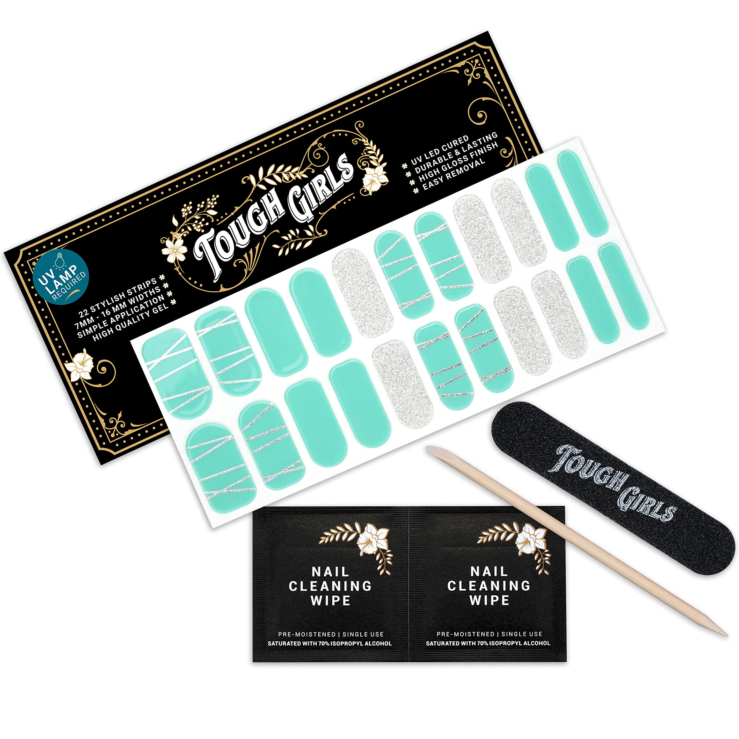 22 Premium Semi-Cured Gel Nail Polish Strips with Application Accessories - Teal, Silver Lines & Glitter for Stunning Nail Art | Perfect for Parties, Weddings & Special Occasions