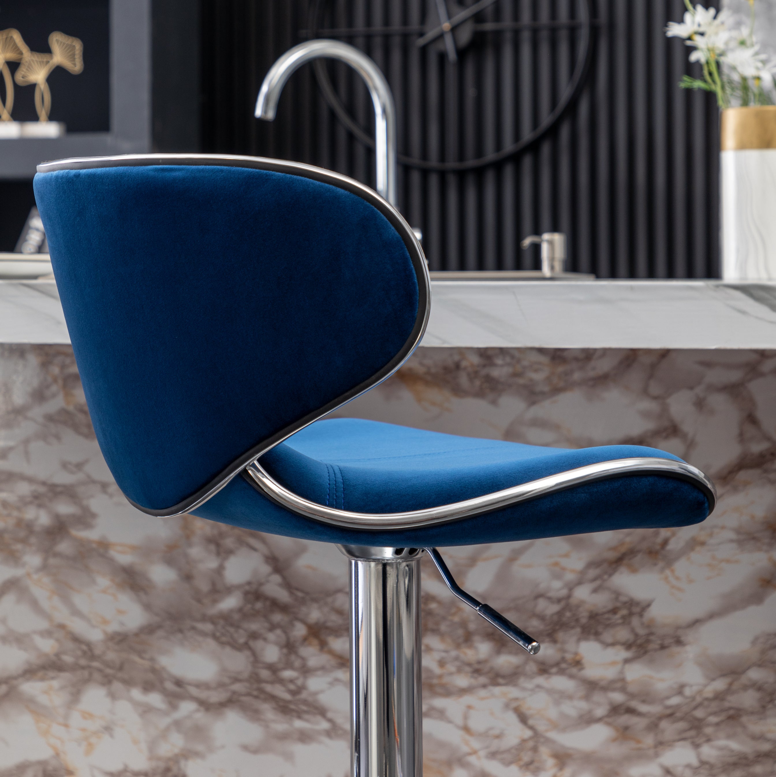 Roundhill Furniture Masaccio Velvet Upholstered Adjustable Swivel Bar Stool - Set of 2 Blue Counter Height Stools for Kitchen Island, Bar, or Breakfast Nook