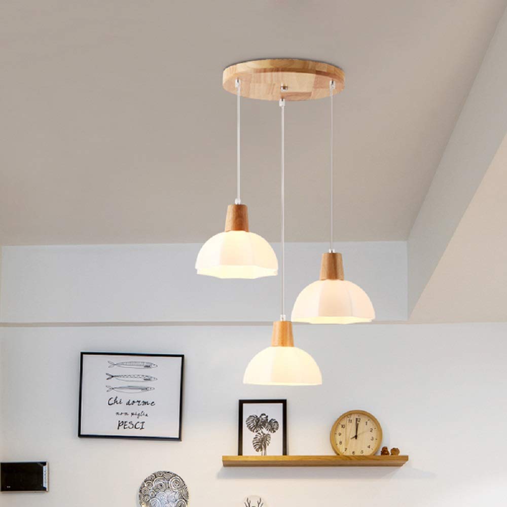 Modern White Wood Cluster Pendant Light with Opal Glass Shade - 3 Bulb Contemporary Hanging Lamp for Dining Room, Kitchen Island & Living Room Decor