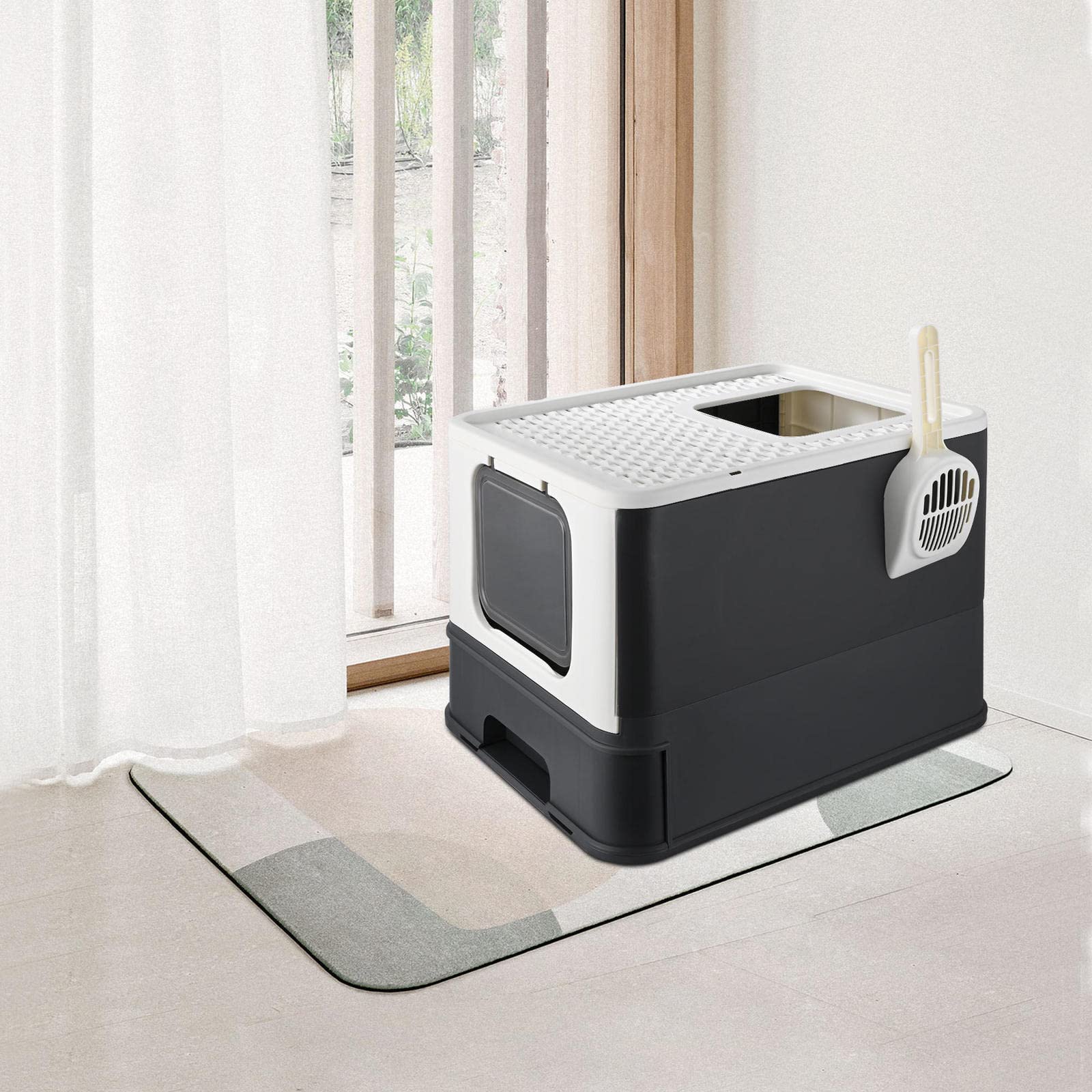 Foldable Cat Litter Box with Lid & Scoop - Extra Large Top Entry Enclosed Kitty Litter Box for Indoor Cats - Black - Perfect for Small Spaces & Multi-Cat Homes - LIVINGbasics
