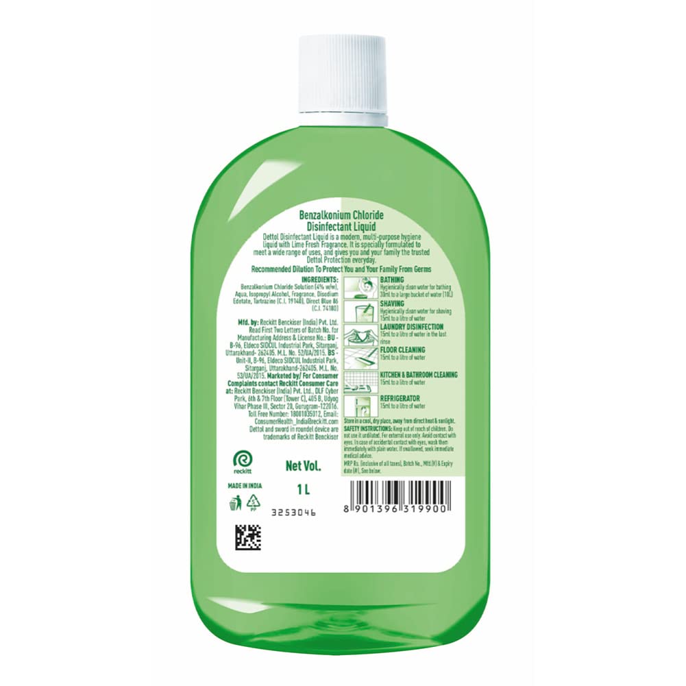 Dettol Lime Fresh Disinfectant Liquid - 1L for Floor Cleaning, Surface Disinfection & Personal Hygiene | Kills 99.9% Germs | Ideal for Homes, Hospitals & Schools