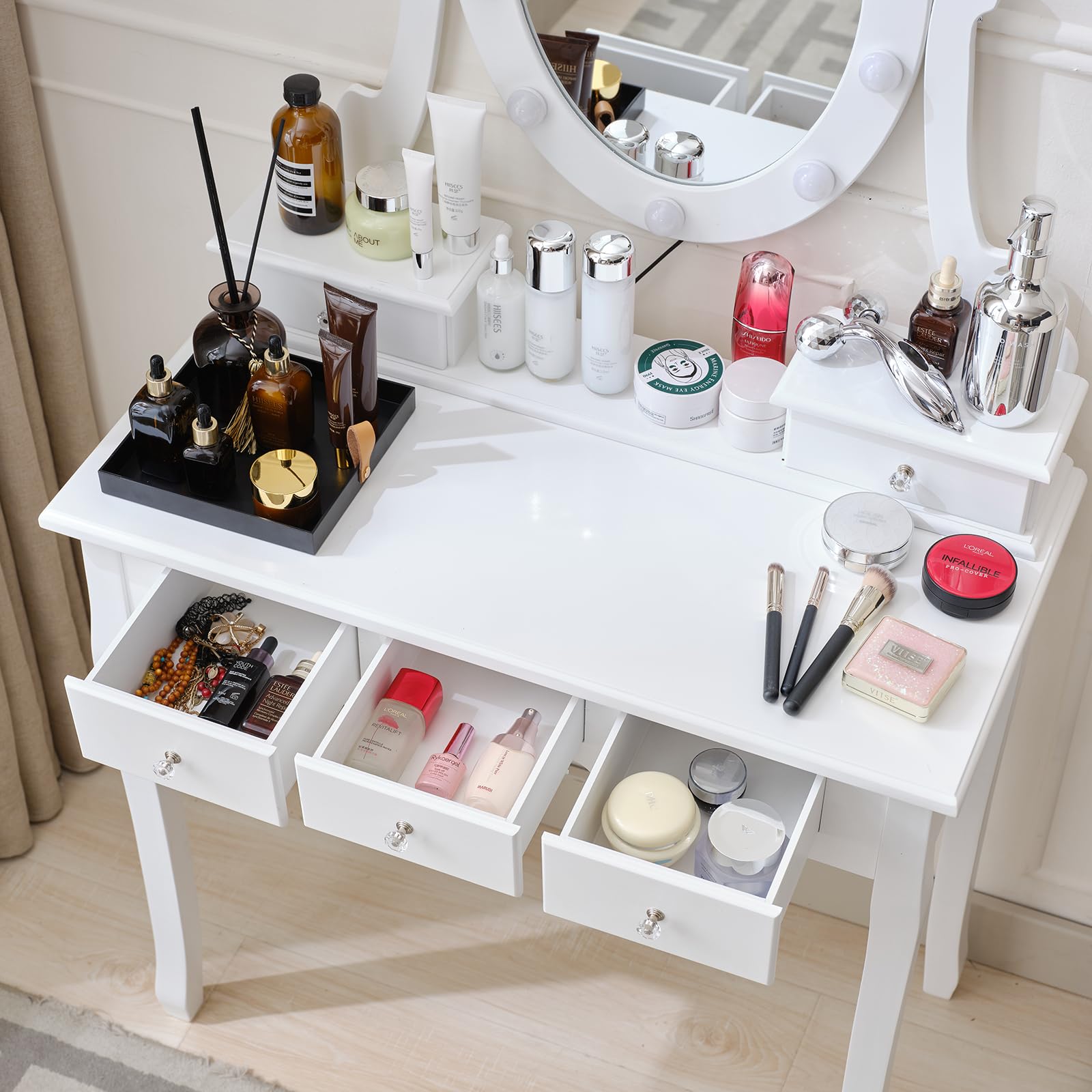 Lighted Makeup Vanity Table with Mirror - 5 Large Drawers Dressing Desk for Women & Girls, White | Perfect for Bedroom, Dorm Room & Beauty Salon Organization