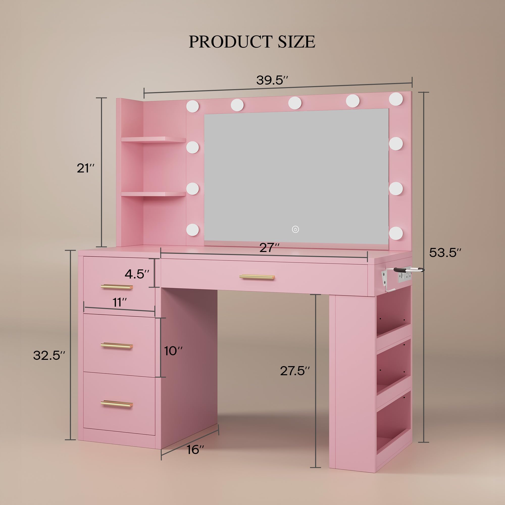 YITAHOME Pink Makeup Vanity Table with Mirror, Lights & Charging Station - 39.5 Inch Beauty Desk with 3 Storage Shelves & Comfortable Bench - Perfect for Bedroom, Dressing Room & Gift for Women