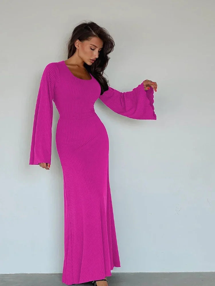 Elegant Back Tie Flared Long Sleeve Rib Knit Maxi Dress for Women - Cozy Winter Fall Clothes - Perfect for Holiday Parties, Date Nights & Office Wear - Wholesale C70 DZ61