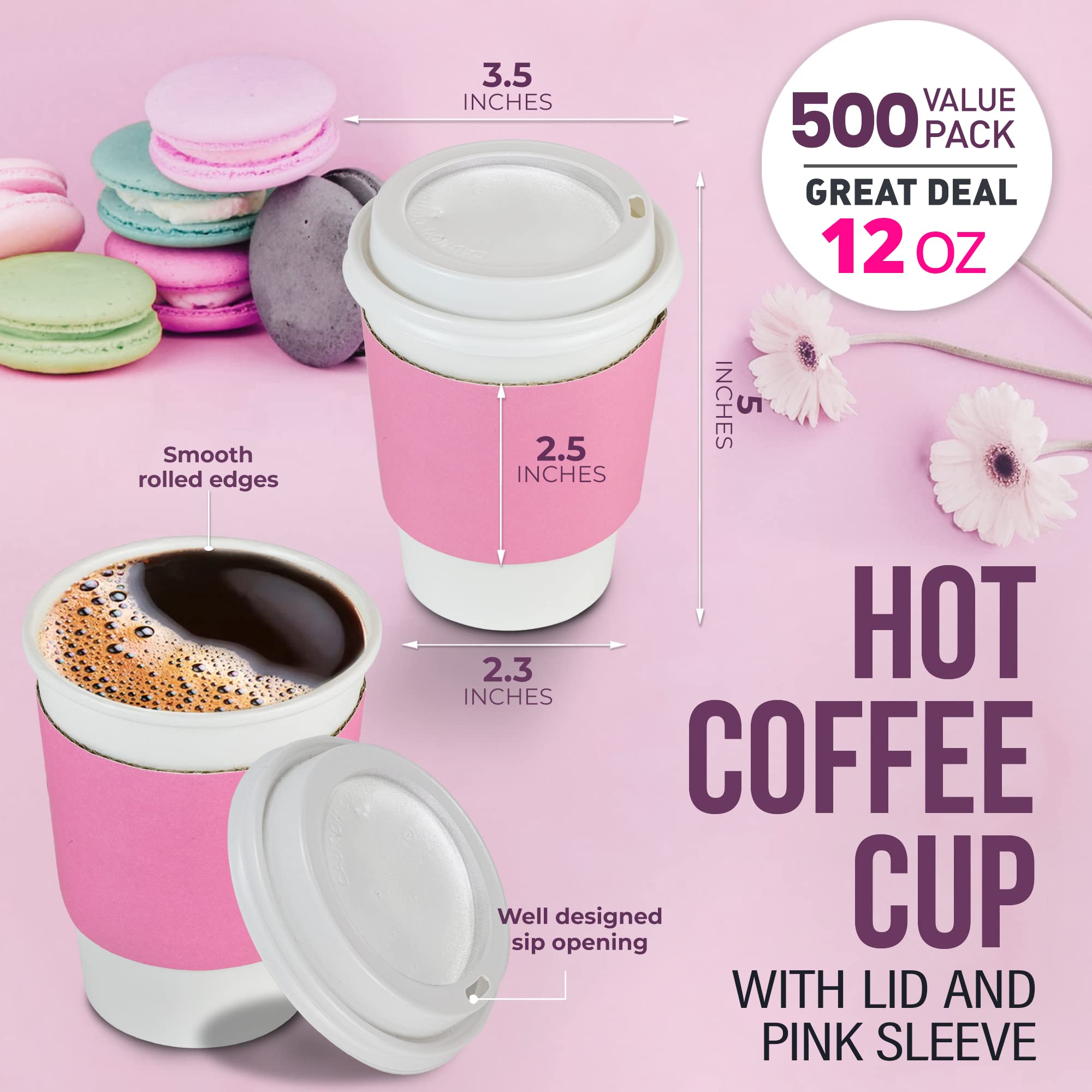 500 Pack 12 oz Disposable Paper Coffee Cups with Lids & Pink Sleeves - Leak Proof White Dome Lids for Hot/Cold Beverages, Tea, Juice - Perfect for Meal Prep, Coffee Shops, Office Parties & Takeout Drinks