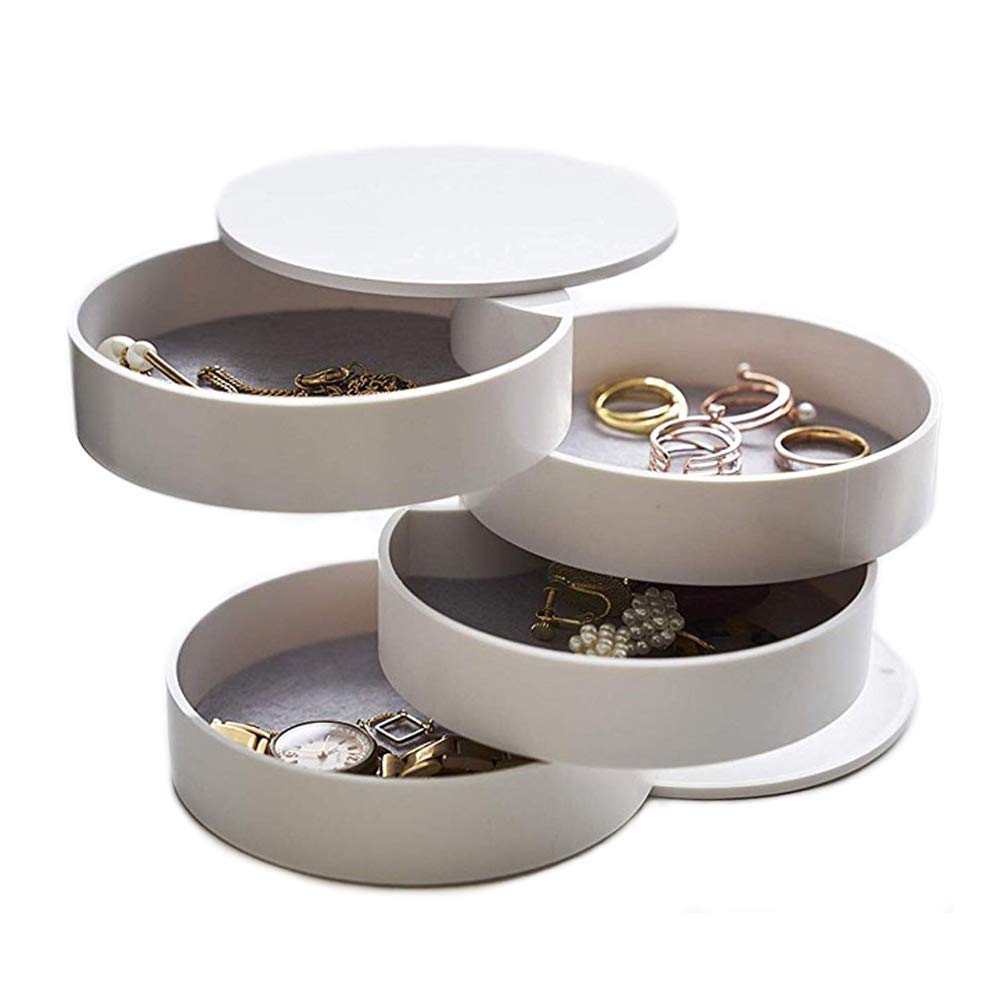 FABSELLER 4-Layer Rotating Jewelry Organizer Box - 360° Display Case for Rings, Necklaces, Bracelets & Earrings - White Jewelry Storage Solution for Home, Store & Travel