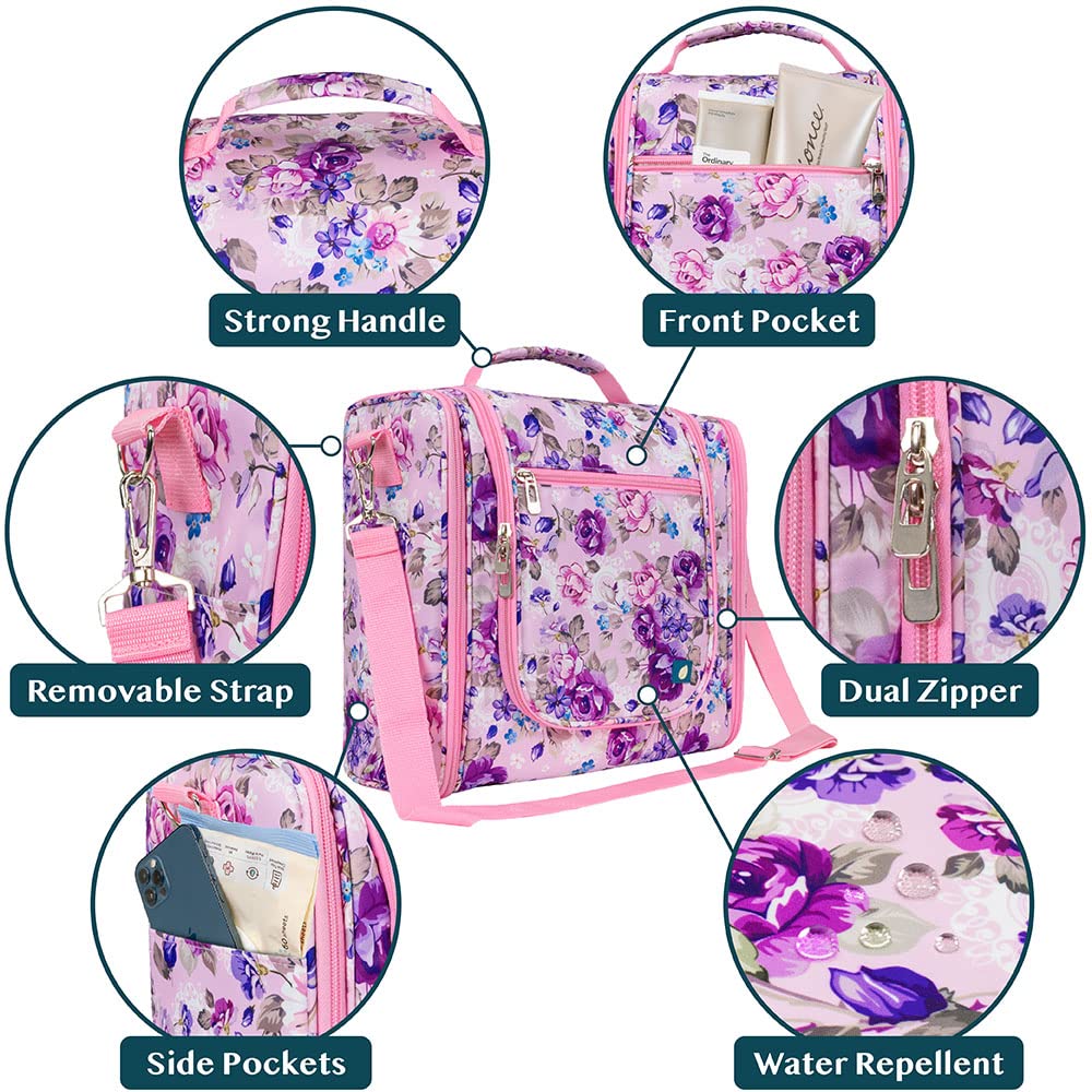 PAVILIA Large Hanging Toiletry Bag - Waterproof Travel Cosmetic Organizer for Women & Men - Floral Pink for Trips & Gyms