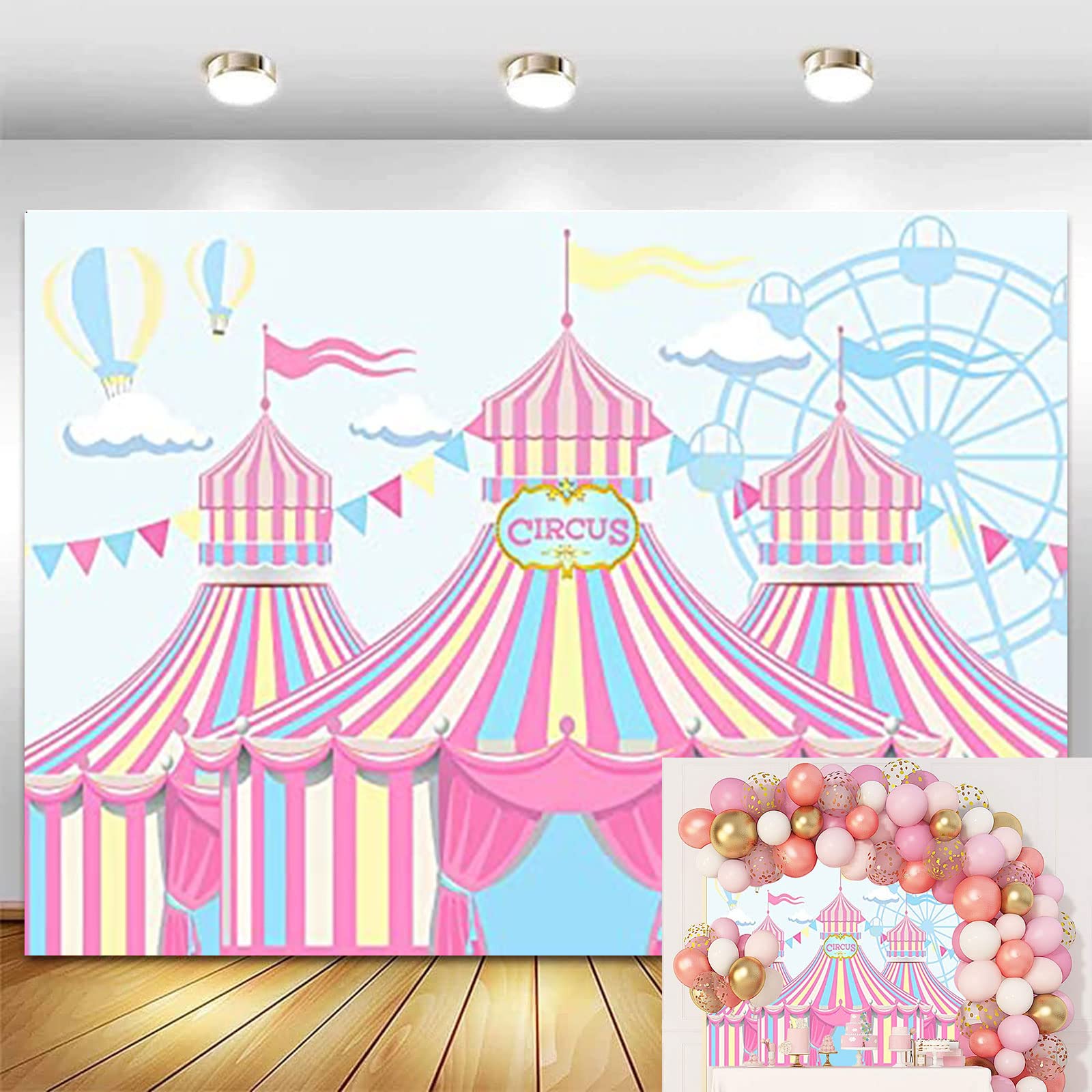 Yeele Pink Circus Backdrop - 7x5ft Carnival Carousel Tent Photography Background for 1st Birthday Party, Ferris Wheel & Hot Air Balloon Theme - Perfect for Dessert Table Decor, Cake Shoots & Candy Props