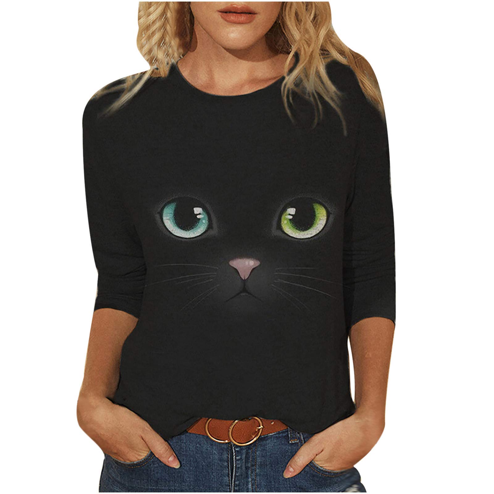 Stylish Women's Cat & Kitten Graphic Long Sleeve Tunic Tee - Soft Loose Fit Crewneck Casual Top for Everyday Wear - Perfect for Work, Weekend Outings & Cat Lovers