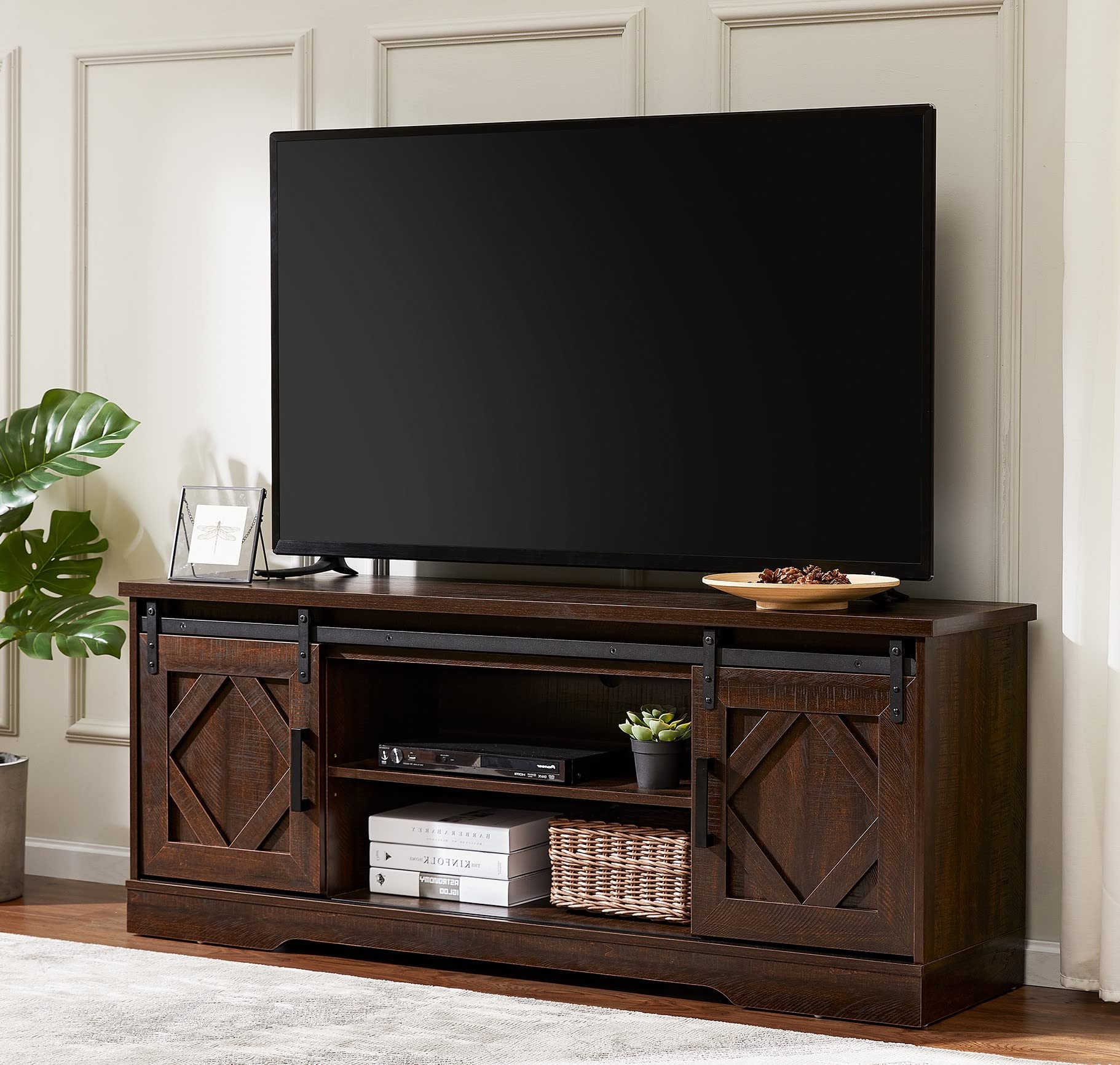 WAMPAT 65 Inch Rustic Brown Farmhouse TV Stand with Sliding Barn Doors - 3-Tier Adjustable Shelf Entertainment Center Cabinet for Living Room, Bedroom & Home Theater Setup