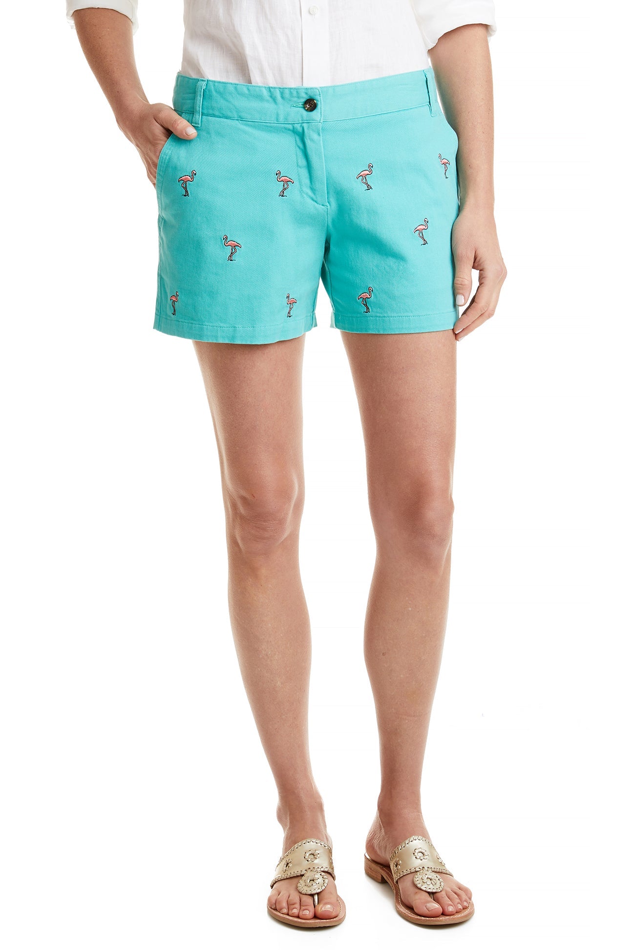 Stretch Twill Sailing Shorts in Aquatic Green with Flamingo Print - Comfortable Swim Trunks for Beach, Pool, and Water Sports