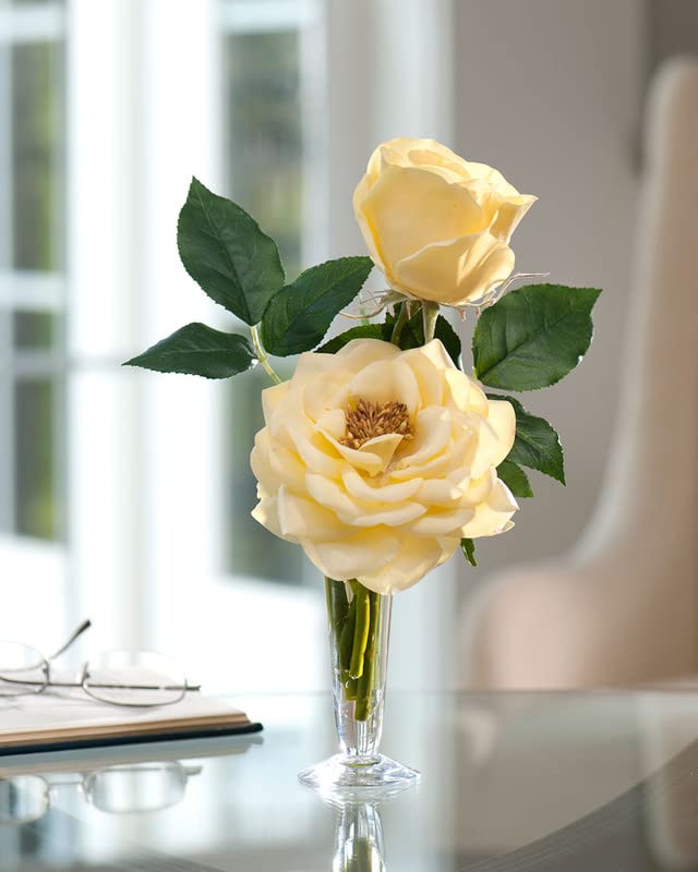 Yellow Open Rose & Bud Silk Flower Accent - Artificial Floral Decor for Home, Wedding, Party & Event Centerpieces