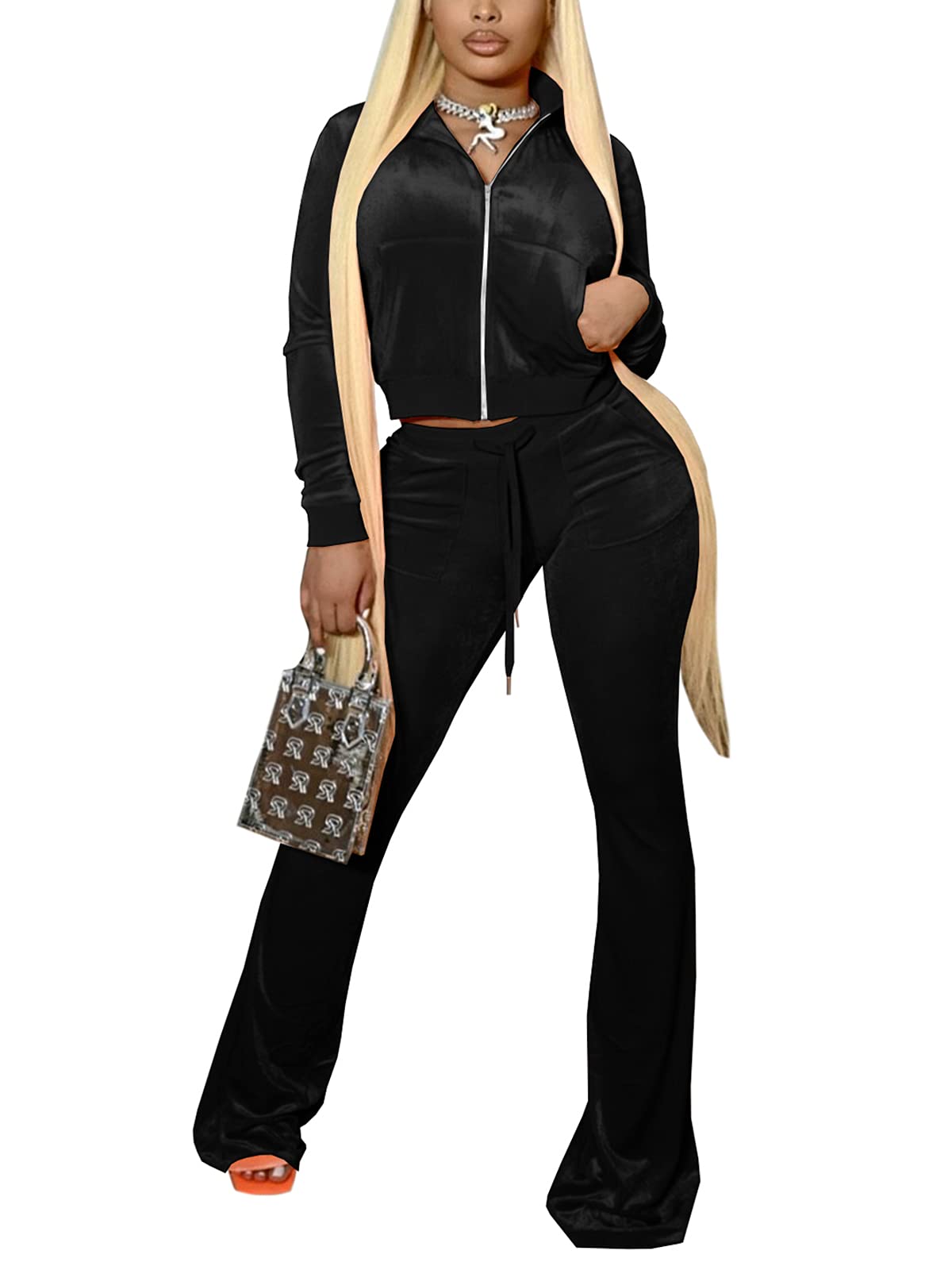 JURIS Women's 2-Piece Velour Tracksuit Set - Long Sleeve Zip Crop Top & Flare Pants | Lounge Wear, Casual Outfit, Athleisure Fashion for Women | Perfect for Yoga, Gym, Travel & Streetwear