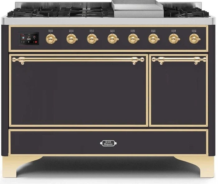 ILVE Majestic II 48-Inch Dual Fuel Range with Matte Graphite Finish & Brass Trim - Professional Gas & Electric Stove for Home Chefs - Perfect for Gourmet Cooking, Baking, and Entertaining in Modern Kitchens