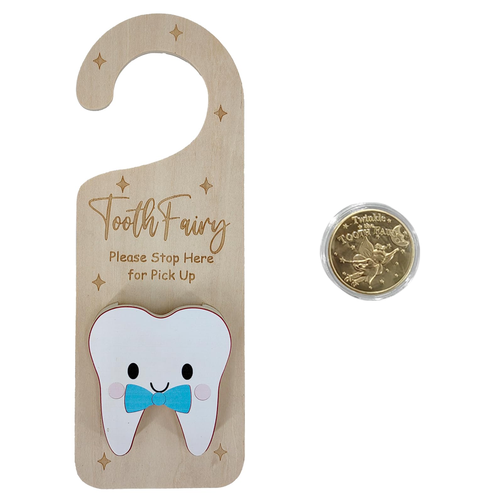 PAMBO Wooden Tooth Fairy Door Hanger with Tooth Coins - Magical Lost Tooth Holder for Kids | Perfect First Tooth Keepsake & Bedroom Decor (Blue)