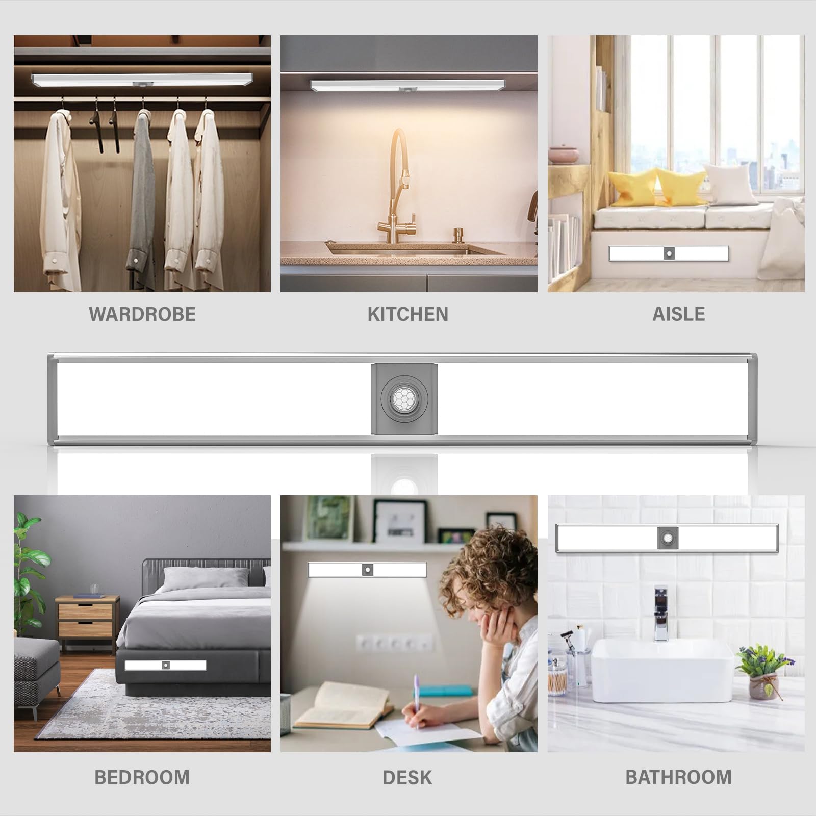 KTEBO 2 Pack Motion Sensor Under Cabinet Lights - Rechargeable Battery Operated Kitchen Lighting, Wireless Wardrobe & Stair Lights (30cm) - Perfect for Dark Pantries, Closets & Hallways