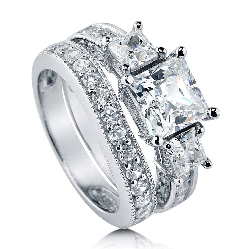 Sterling Silver 3-Stone Princess Cut Cubic Zirconia Engagement Ring Set for Women - 2 Carat CZ Wedding Band, Rhodium Plated, Size 4-10 - Perfect for Proposals, Anniversaries & Bridal Jewelry