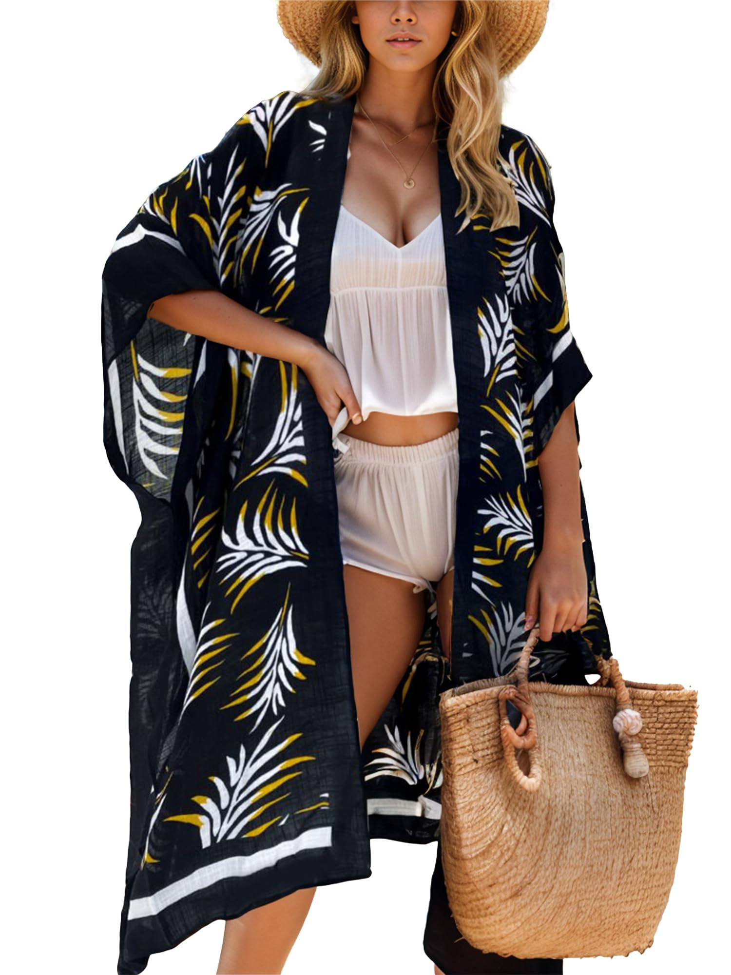 Bohemian Floral Print Women's Beach Cover Up Kimono Cardigan - Lightweight Swimsuit Cover Up for Pool, Beach & Summer Vacation
