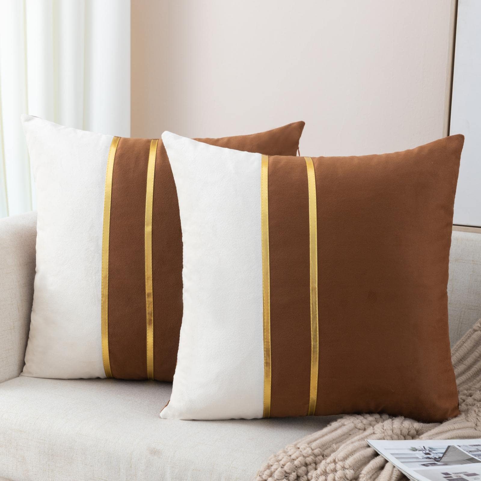 ZLINA Set of 2 Velvet Decorative Throw Pillow Covers - Brown & White Patchwork with Gold Leather Trim - 22×22 Inch Square Cushion Covers for Sofa, Bed, Living Room & Car Decor - Luxury Home Accent Pillows for Modern Interior Design