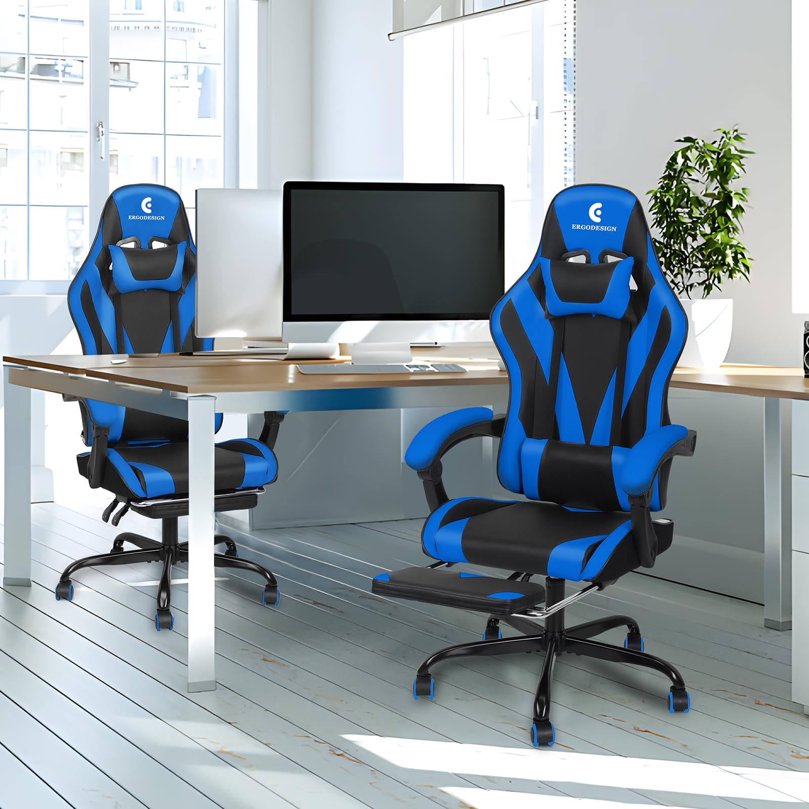 Premium Gaming Chair with Adjustable Linkage Armrest & Footrest - Ergonomic High Back Video Game Chair for PC & Console Gamers - Black & Blue - Perfect for Esports, Streaming & Long Gaming Sessions