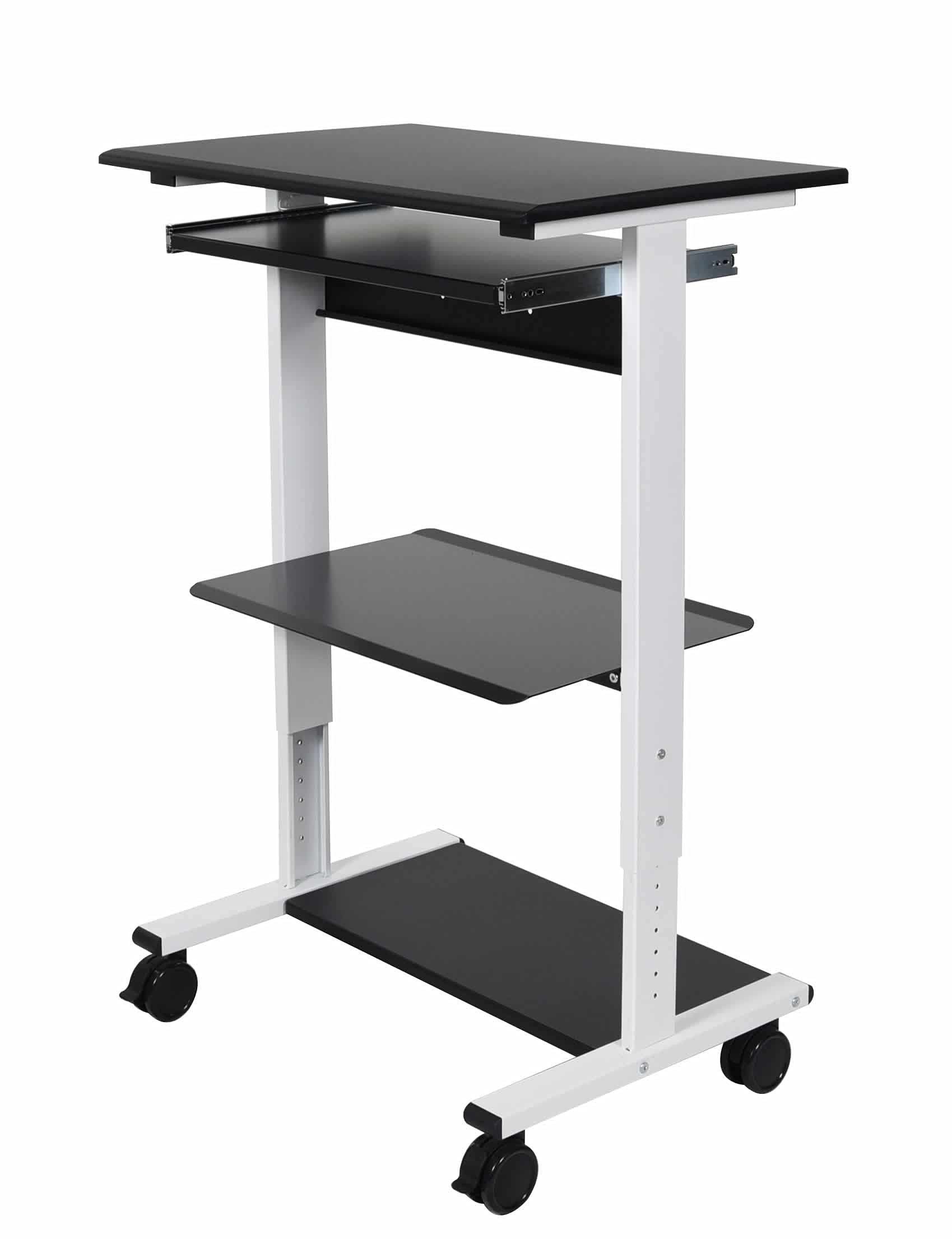 Adjustable Height Standing Desk with Wheels - Mobile Rolling Sit Stand Workstation with Printer Shelf & Slideout Keyboard Tray (White Frame/Black Top, 30