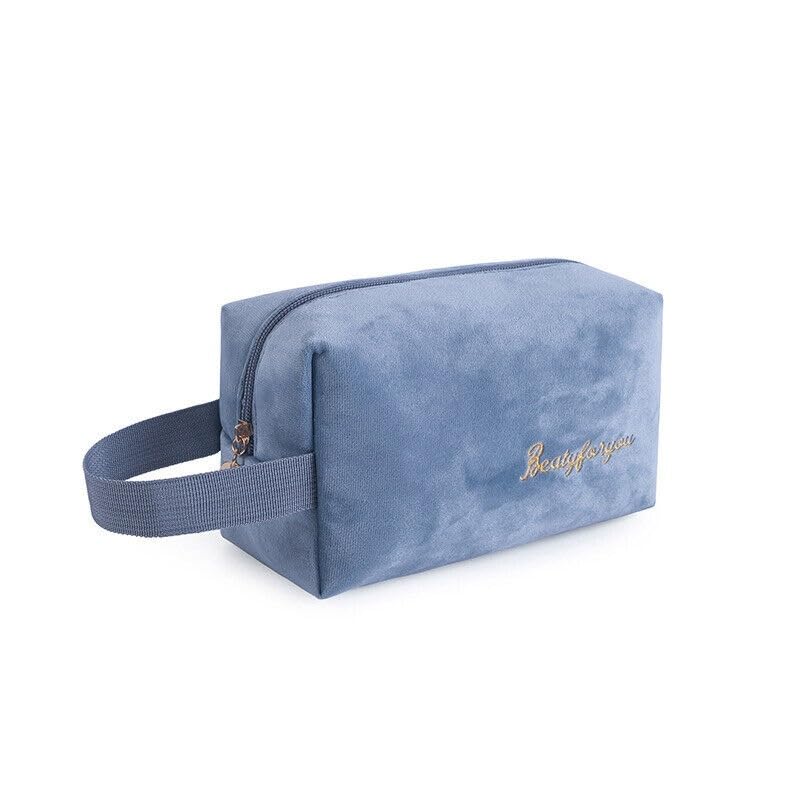 Blue Beads Mini Velvet Makeup Pouch - Simple Cosmetic & Toiletry Travel Bag for Women & Girls | Portable Organizer for Purse, Gym, Vacation Essentials (Blue)