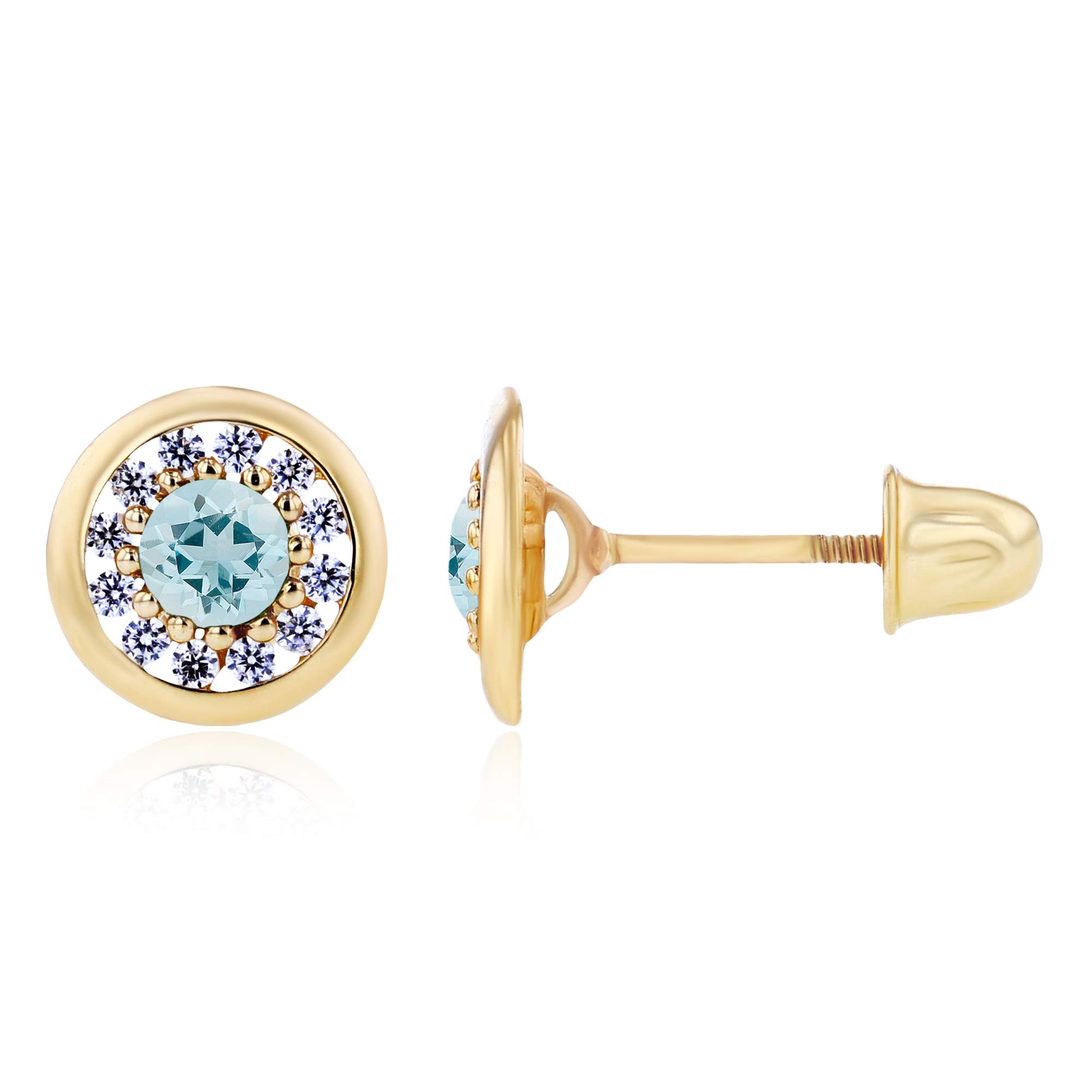 14K Solid Gold 7mm Circle Natural Birthstone Screwback Stud Earrings for Women | March Birthstone Aquamarine | 1mm White Sapphire Pave Earrings | Perfect for Birthdays, Anniversaries & Everyday Elegance