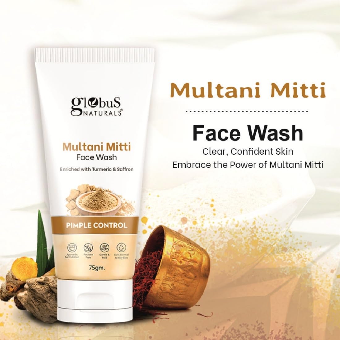 Globus Naturals Multani Mitti Face Wash with Turmeric & Saffron - Acne Treatment for Oily & Acne-Prone Skin - 75gm | Deep Cleansing & Pimple Control | Perfect for Daily Skincare Routine & Breakout Prevention