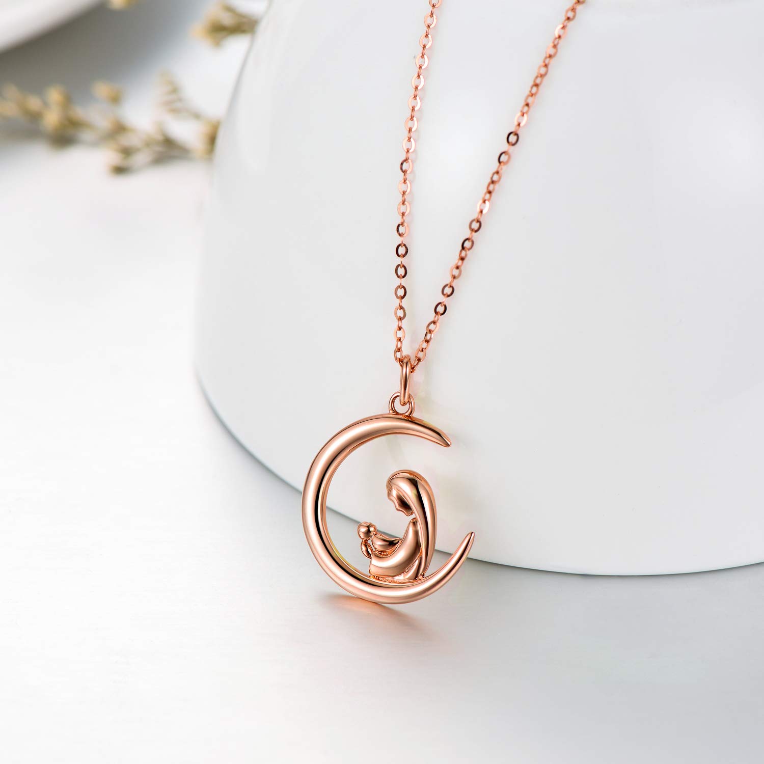 14K Gold Mother Necklace for Women - Elegant Crescent Moon Pendant with Mother & Child Design, 16