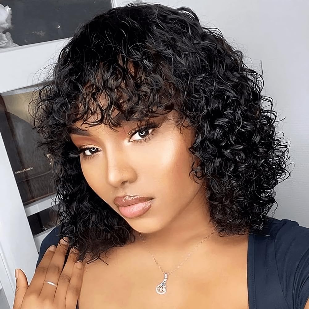 100% Brazilian Virgin Human Hair Wig - Glueless Short Water Wave Bob with Bangs for Black Women | 180% Density No Lace Wavy Bang | 12 Inch Natural Black | Perfect for Daily Wear, Cosplay & Protective Styling