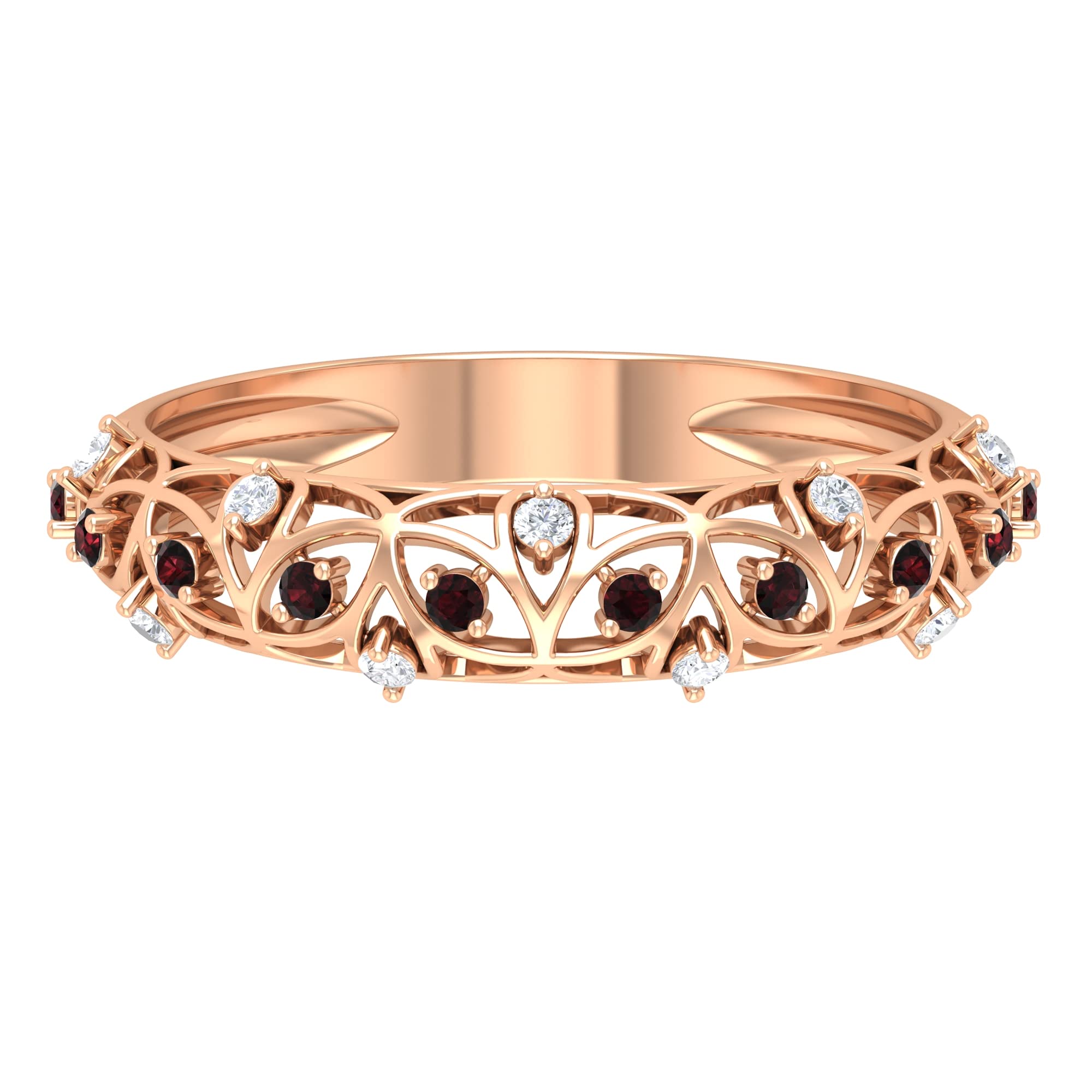 1/4 CT Garnet and Diamond Gold Filigree Band Ring - 14K Solid Gold AAA Quality Wedding Ring for Women, Anniversary Gift, Valentine's Day Jewelry