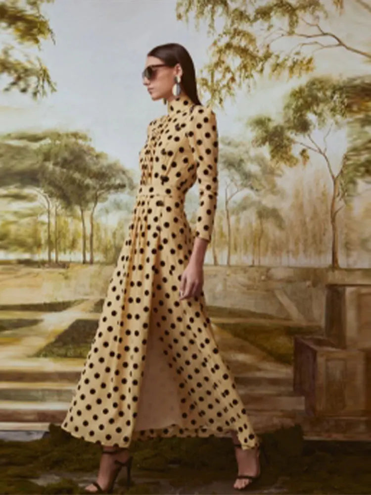 Elegant Polka Dot Printed Women's Slit Maxi Dress - Chic Mock Neck Shoulder Pads Backless Robe - Spring Summer Beach Party Wedding Guest Dress Fashion Vestidos