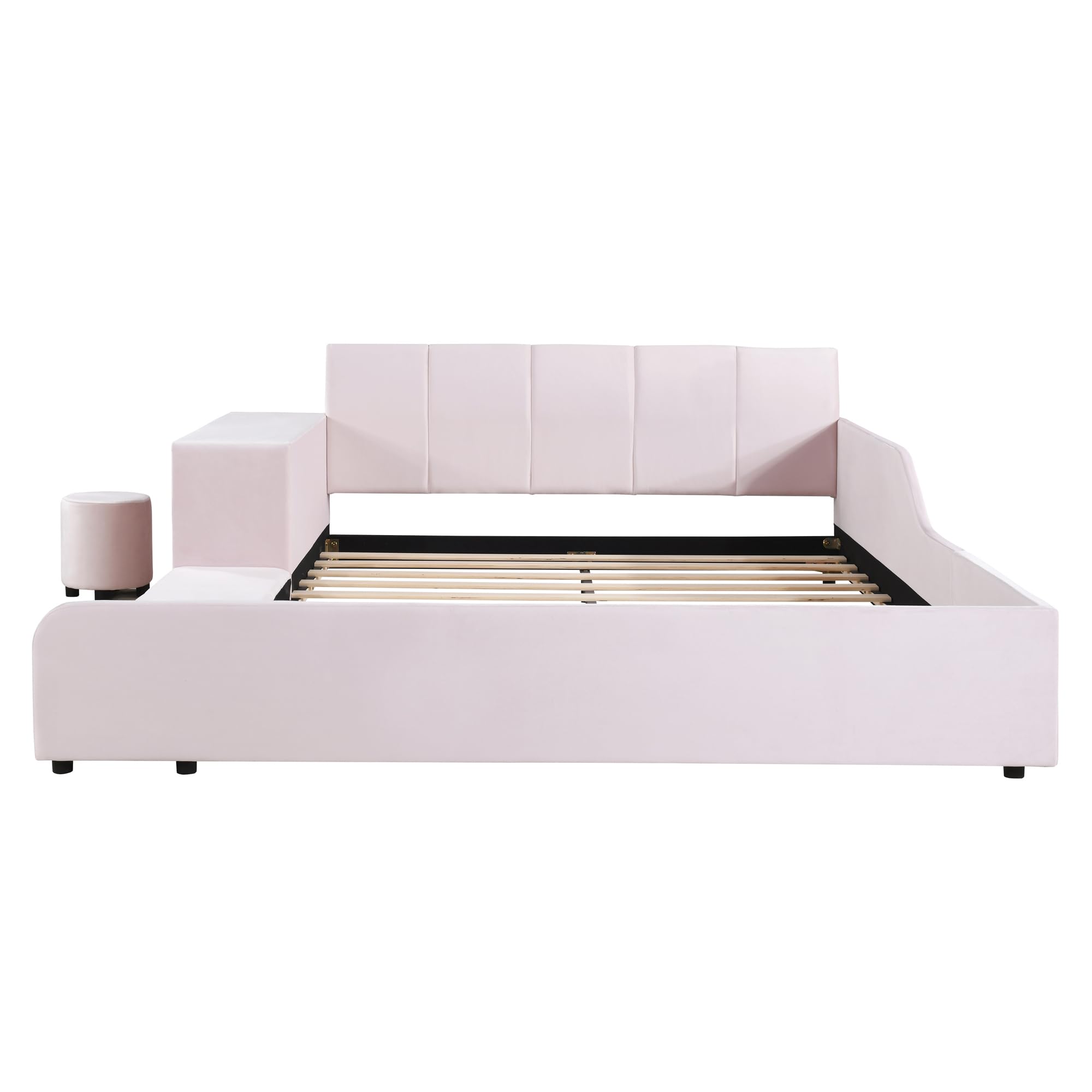 Velvet Upholstered Queen Size Platform Bed Frame with Bedside Desk & Stool - Wooden Floor Bed for Kids & Adults - Pink Bedroom Furniture for Small Spaces & Cozy Sleeping