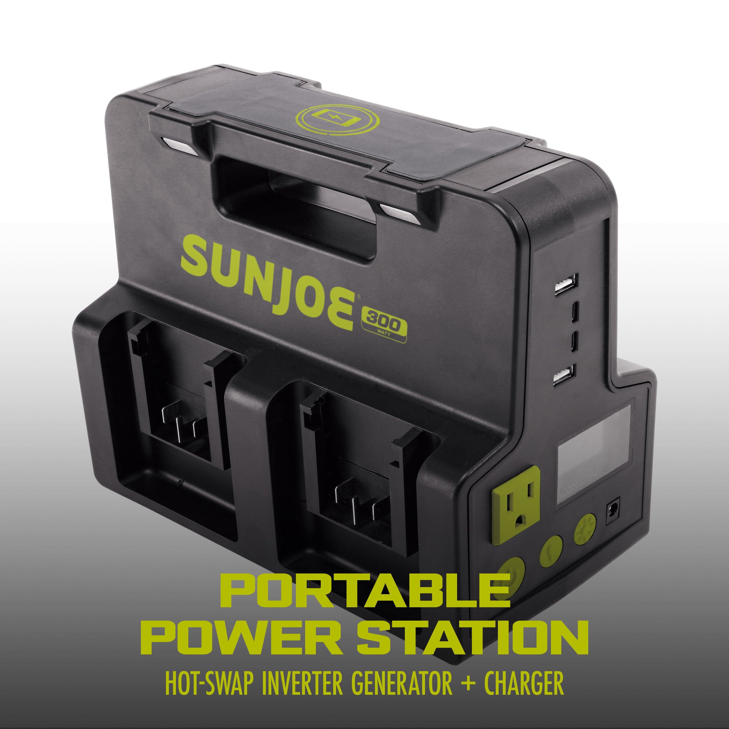 Sun Joe 24V 300W IONMAX Cordless Power Station with Hot Swap Inverter | Includes AC Adapter, 2 USB-A & 2 USB-C Ports, LED Spotlight & Wireless Charger | 320W Portable Generator for Camping, Emergencies & Outdoor Power
