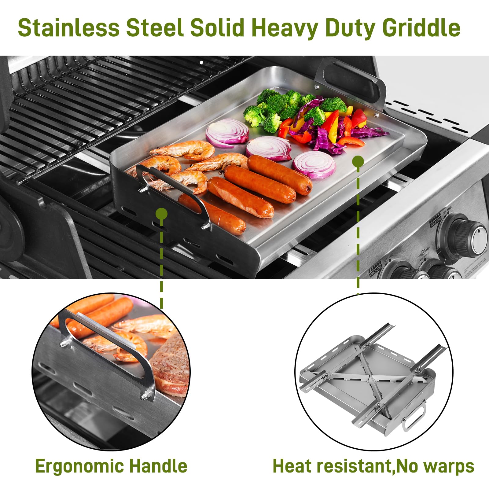 Stainless Steel Griddle for Gas Grill - 17x13 Inch Flat Top Grill with Removable Grease Tray | Perfect for Camping, Tailgating & Outdoor Cooking | Stovetop Griddle for Gas Burners, BBQs & Patio Parties