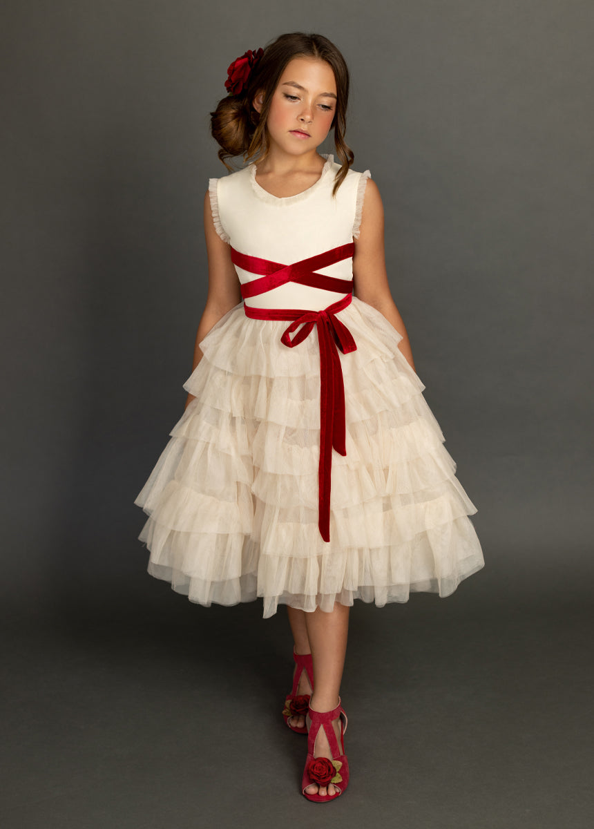 Geneva Petticoat Dress - Cream & Scarlet Vintage Style Swing Dress for Women | Perfect for Tea Parties, Weddings & Retro Fashion Events