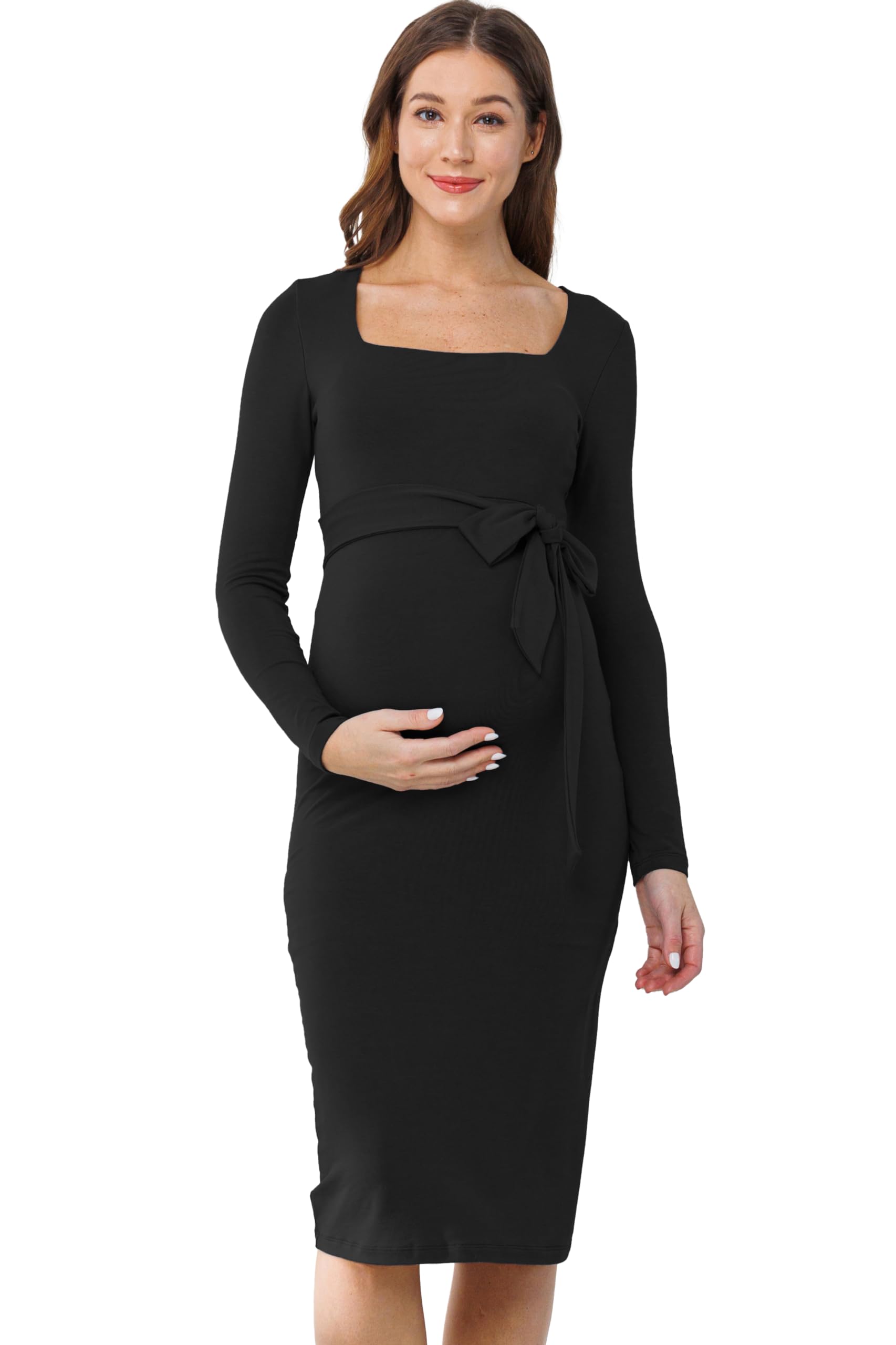 Women's Maternity Dress Long Sleeve Square Neck Waist Tie - Perfect for Pregnancy Photos, Baby Showers & Nursing Comfort