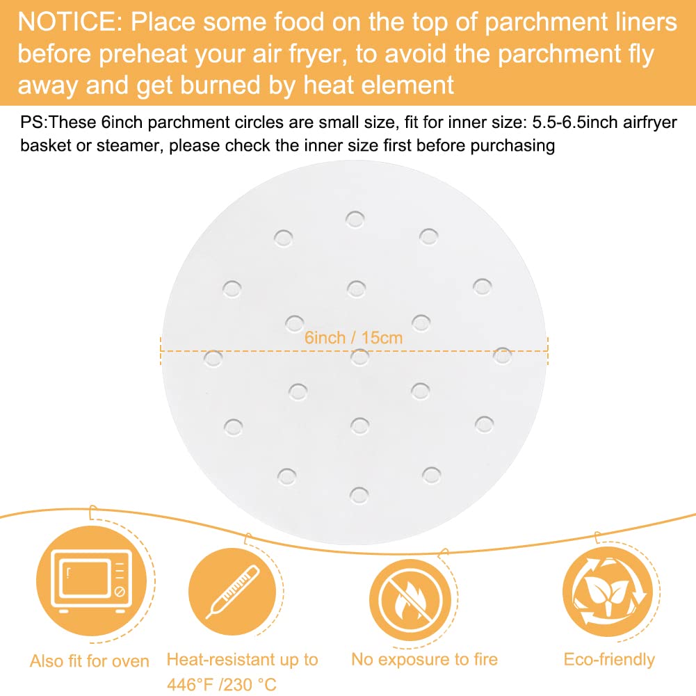 100 Pcs 6 Inch Air Fryer Parchment Paper Liners - Perforated Baking Sheets for Air Fryer, Bamboo Steamer & Cooking - Reusable & Non-Stick (7/8/9/10 Inch Options) - Perfect for Healthy Frying, Steaming Dumplings & Meal Prep