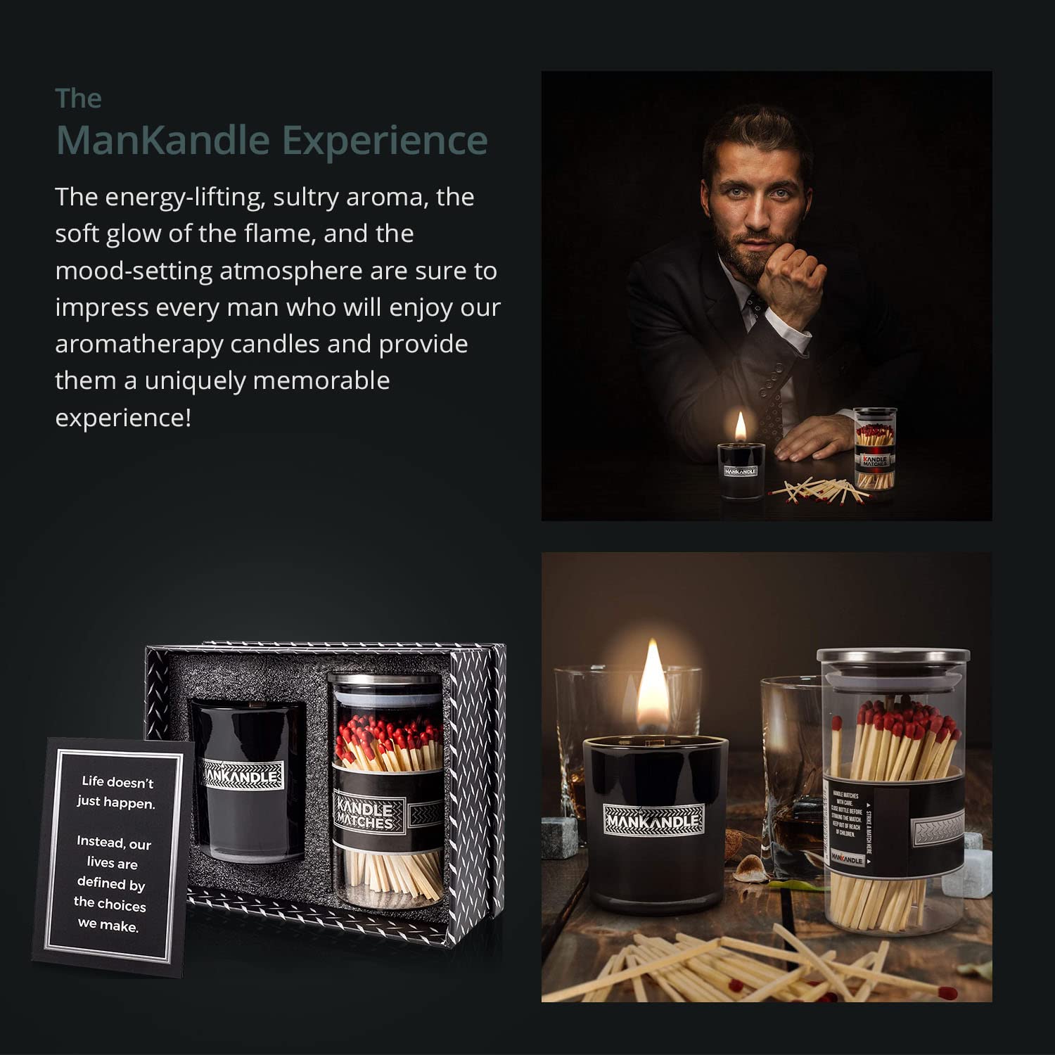 Mankandle Scented Candle & Decorative Matches Gift Set for Men - Aromatherapy Soy Candle with Luxury Matches | Perfect Birthday, Anniversary, Father's Day Gift for Boyfriend, Husband, Dad | Home Decor, Relaxation & Romantic Ambiance